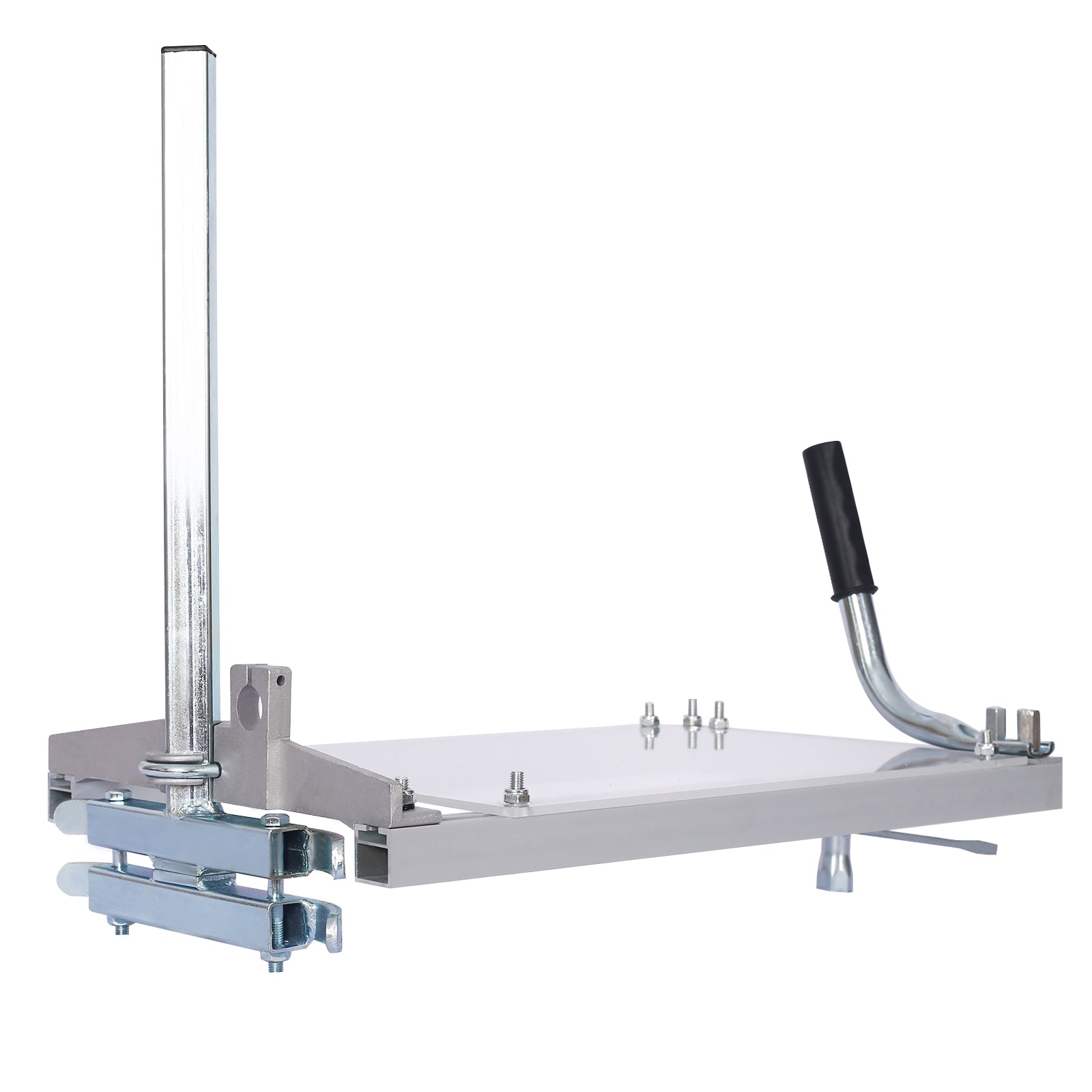 Silver metal chainsaw mill attachment with black handle and adjustable clamp