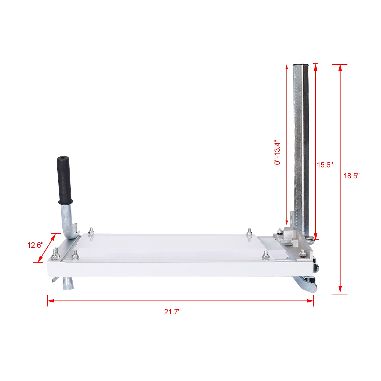 White metal cutting machine with black handle adjustable height ruler and  inch length