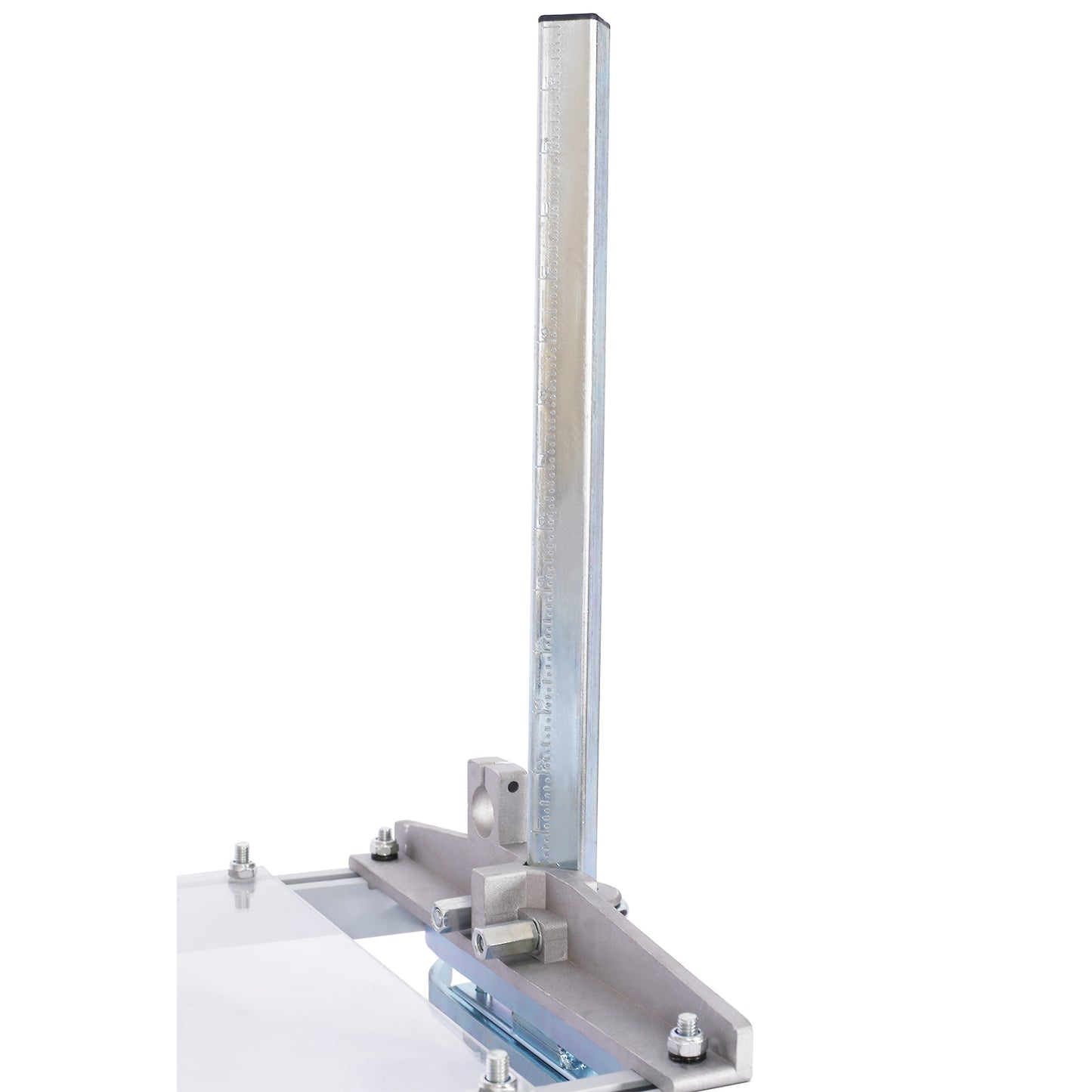 Silver metal ruler guide for woodworking with measurement markings and adjustable clamp