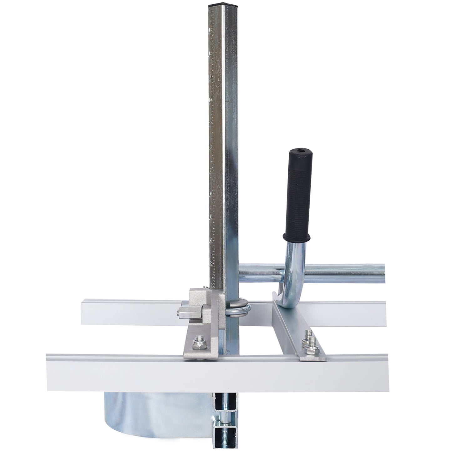 Silver chainsaw mill vertical guide with depth markings and black rubber handle