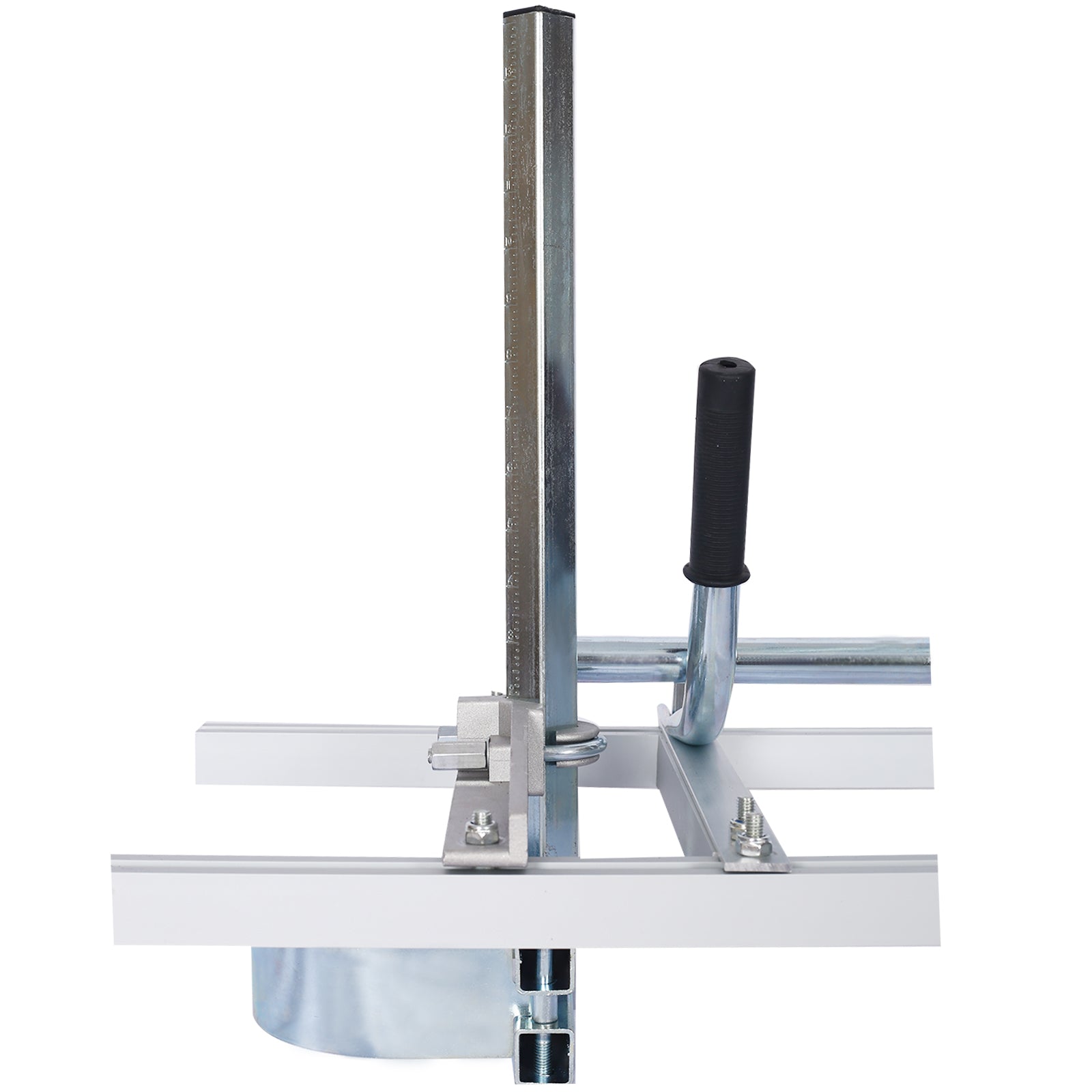 Silver chainsaw mill vertical guide with depth markings and black rubber handle