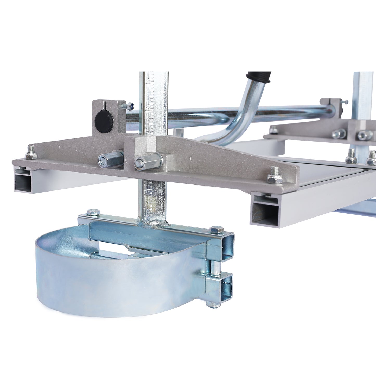 Closeup of a durable metal chainsaw mill attachment showcasing its aluminum frame and guide