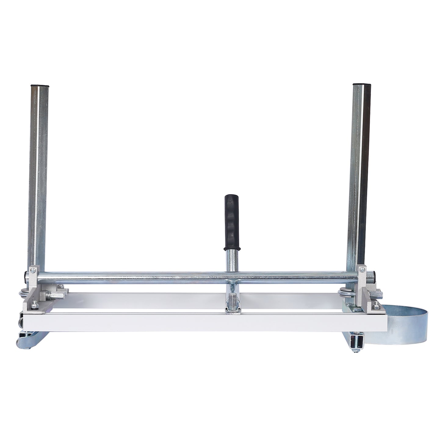 Silver metal chainsaw mill attachment with black rubber handle and guide rails
