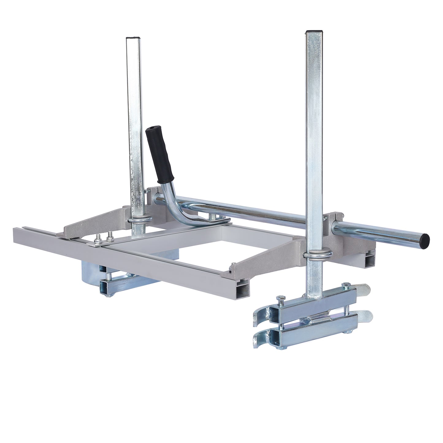 Heavyduty aluminum chainsaw mill with adjustable guide rails and a comfortable black grip for efficient lumber processing