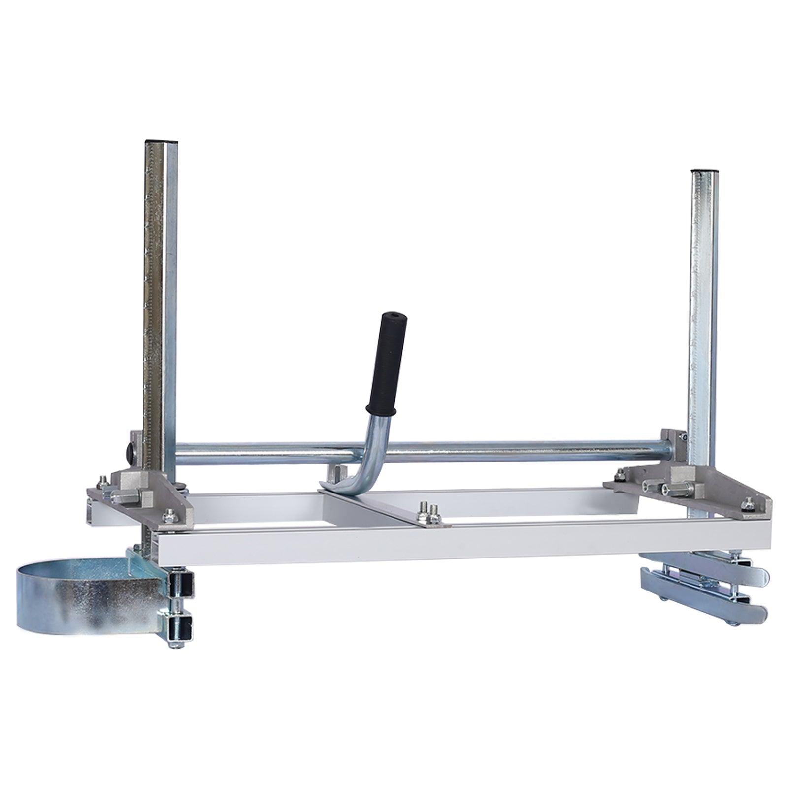 Silver metal chainsaw mill attachment with black handle for portable lumber milling