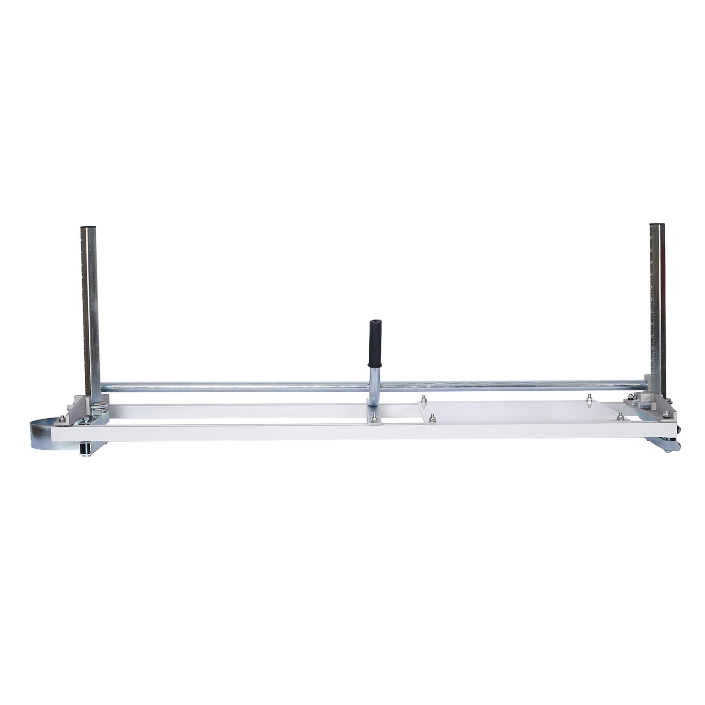 Aluminum chainsaw mill with adjustable guide rails and measurement markings for precise cuts