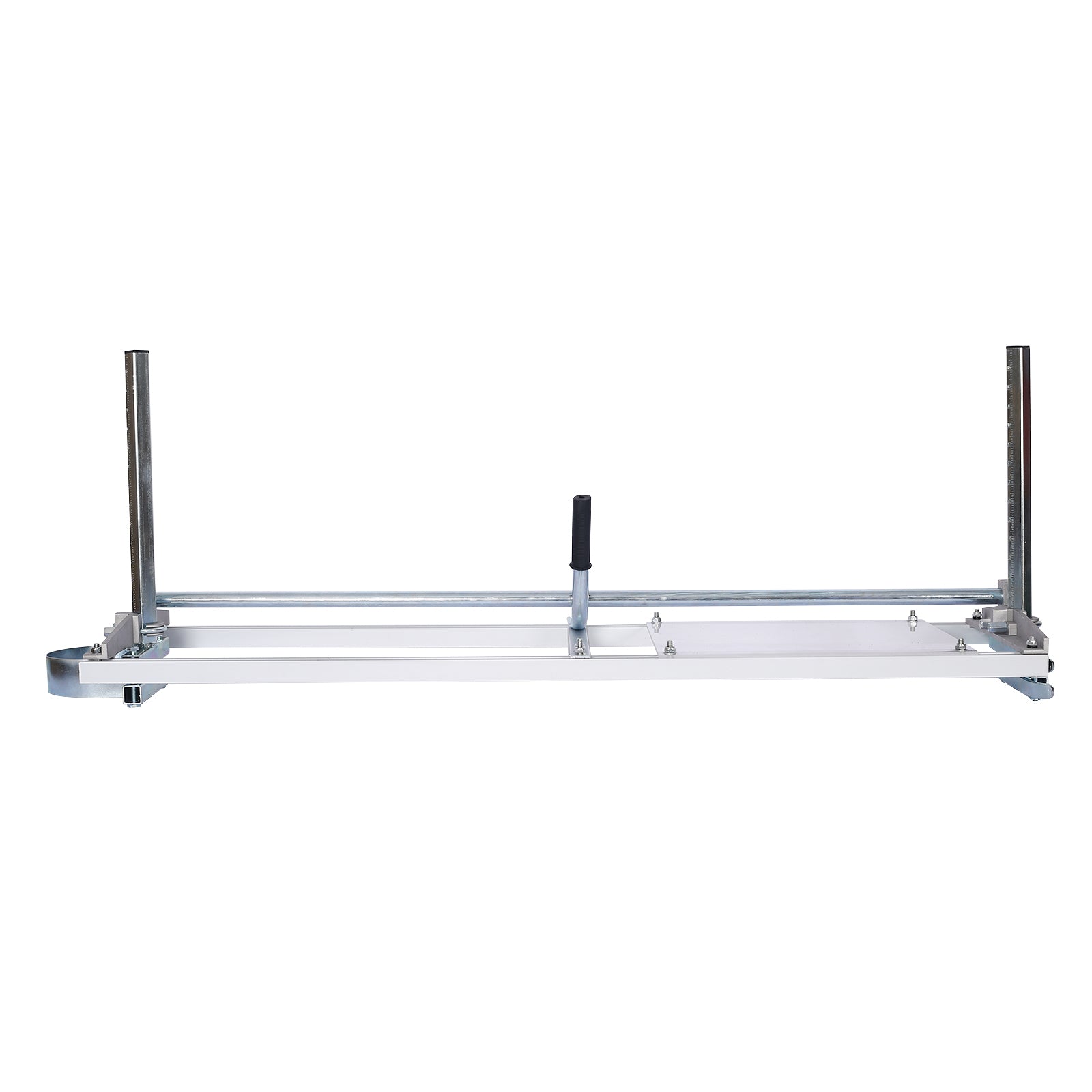 Aluminum chainsaw mill with adjustable guide rails and measurement markings for precise cuts
