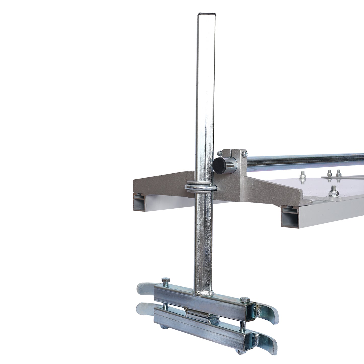 Closeup of a metal chainsaw mill attachment with silver steel construction