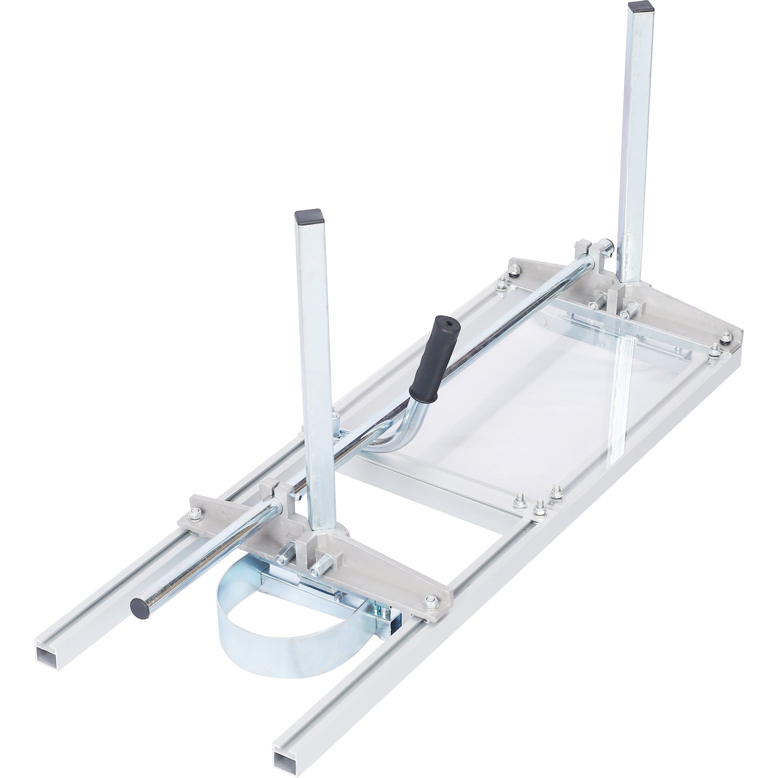 Silver metal chainsaw mill with black handle for lumber milling