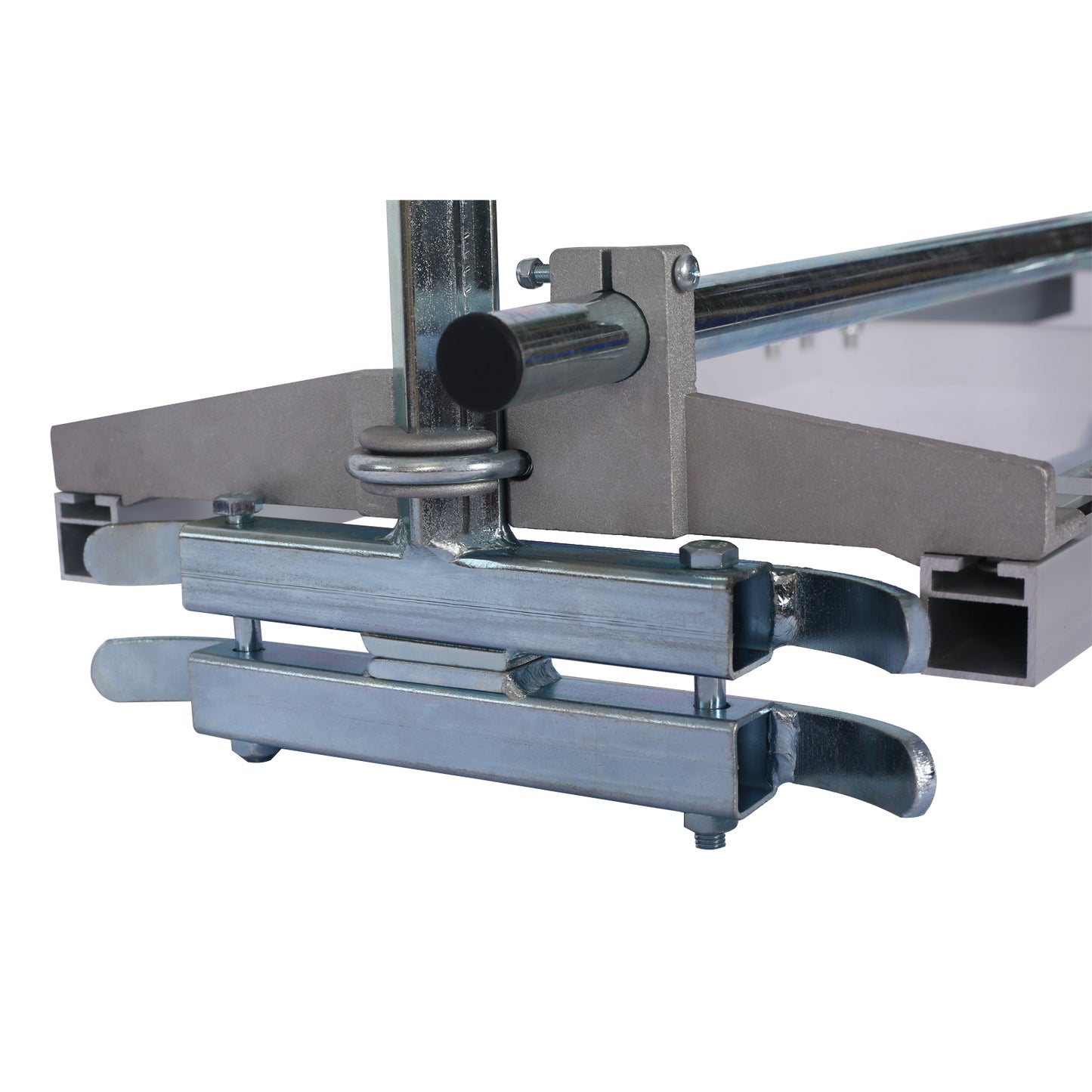 Closeup of a metal tile cutter clamp mechanism with a silver finish ready for use