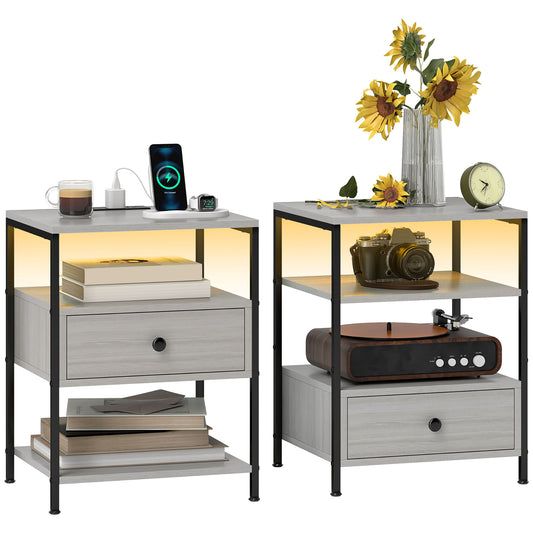 Gray wood nightstand with builtin USB charging drawer and ambient LED lighting