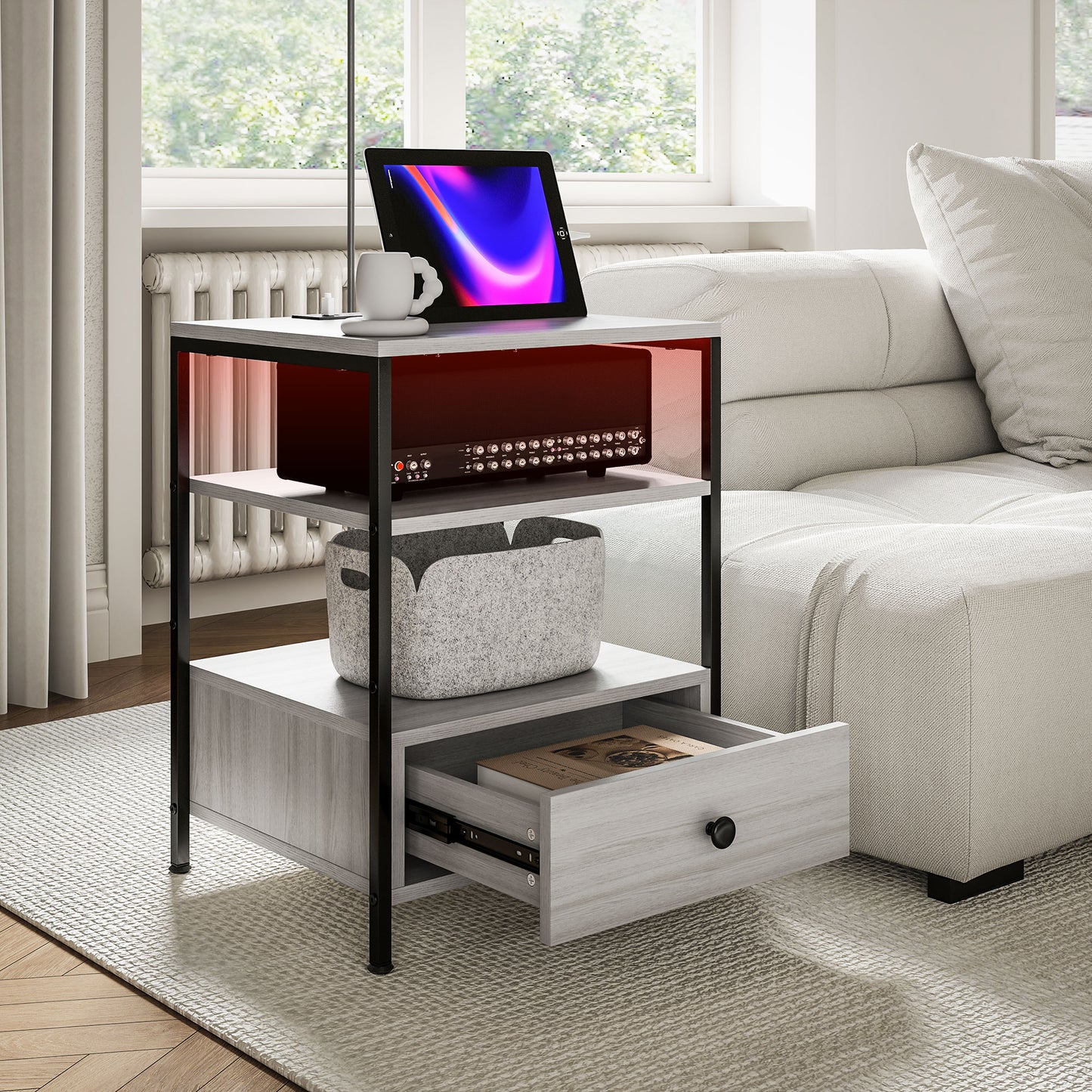 Modern grey wood end table with black metal frame open shelves and drawer for living room