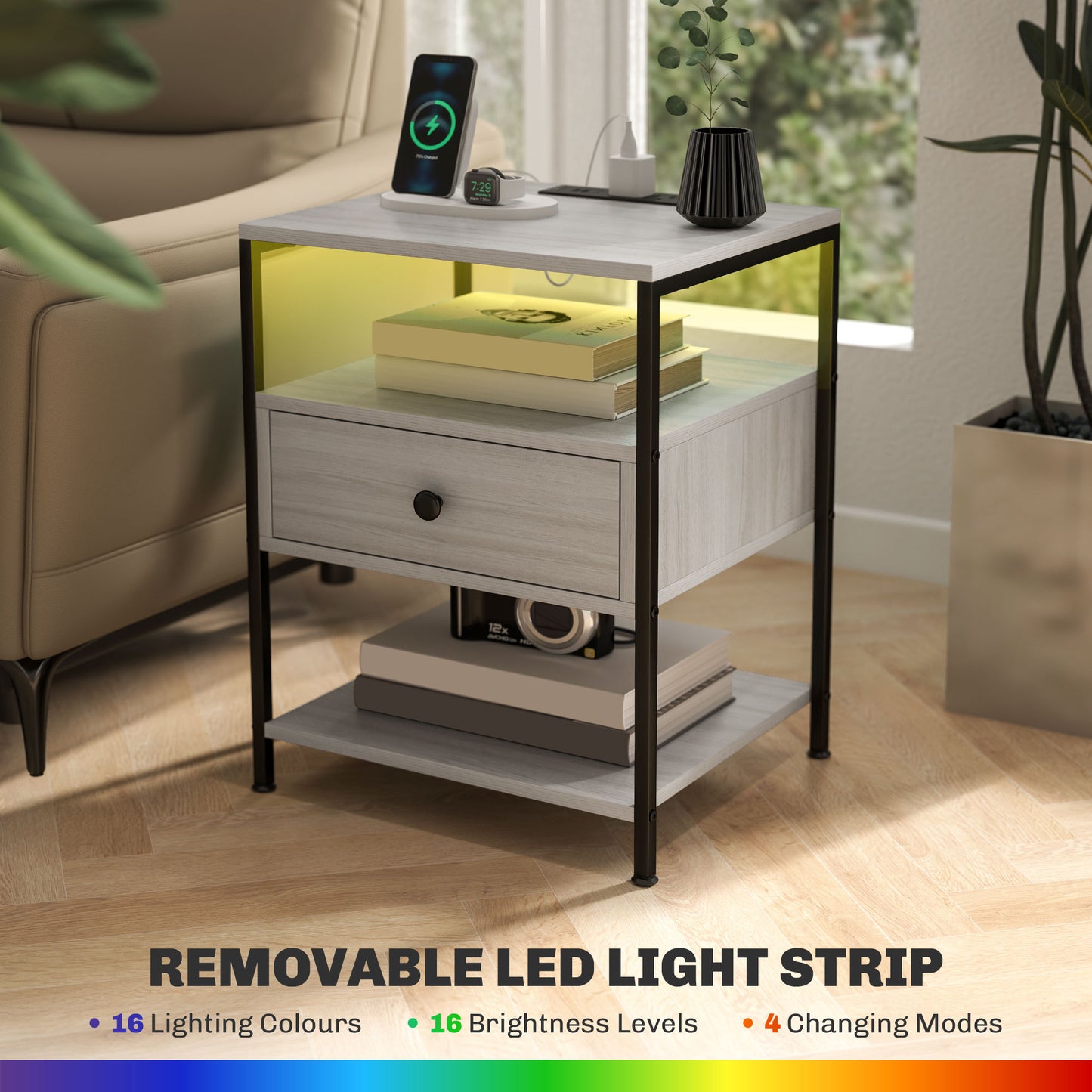 Modern gray wood nightstand with drawer and LED lighting