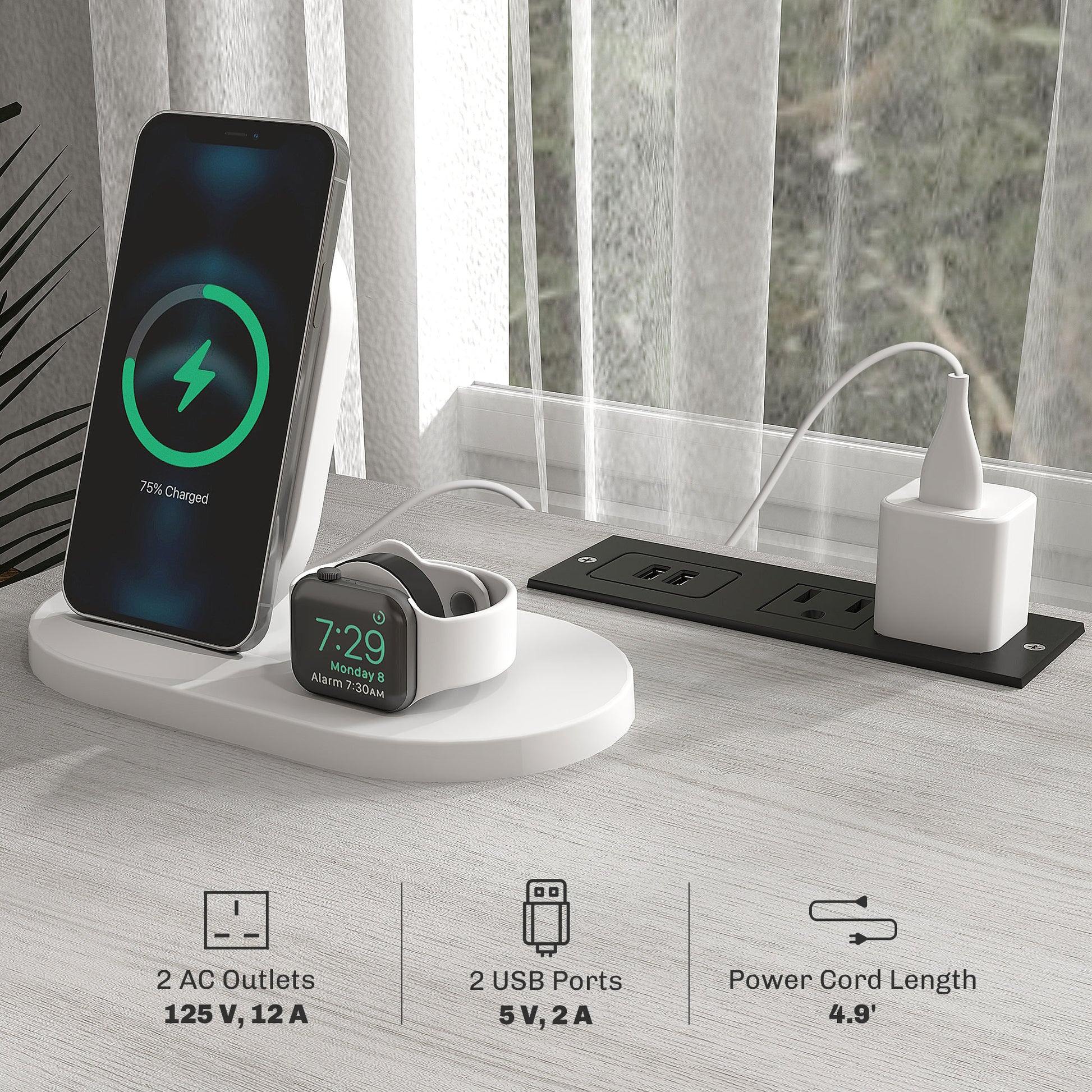 White charging stand holding an iPhone and Apple Watch both powered up