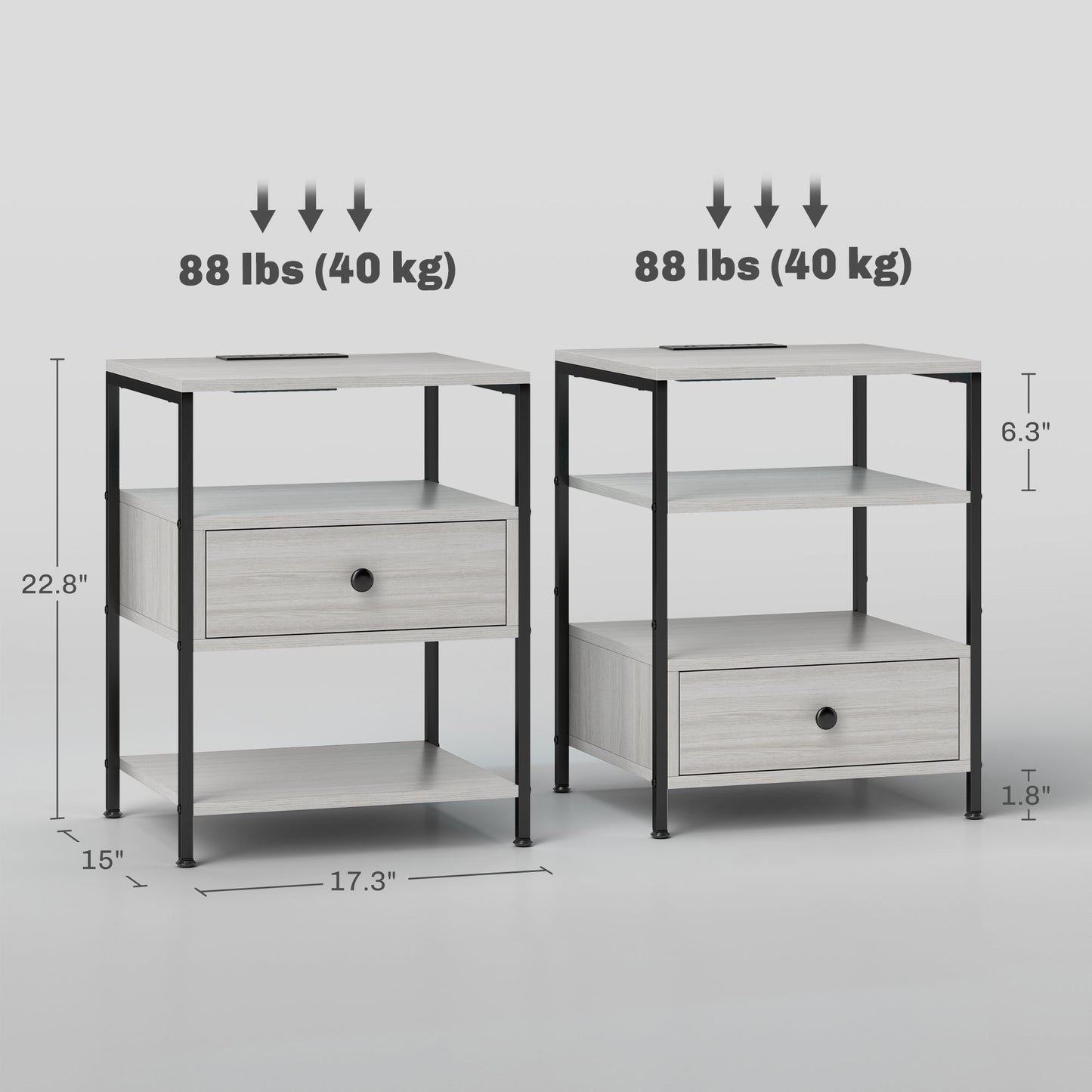 Two gray wood nightstands with black metal frames each holding  lbs