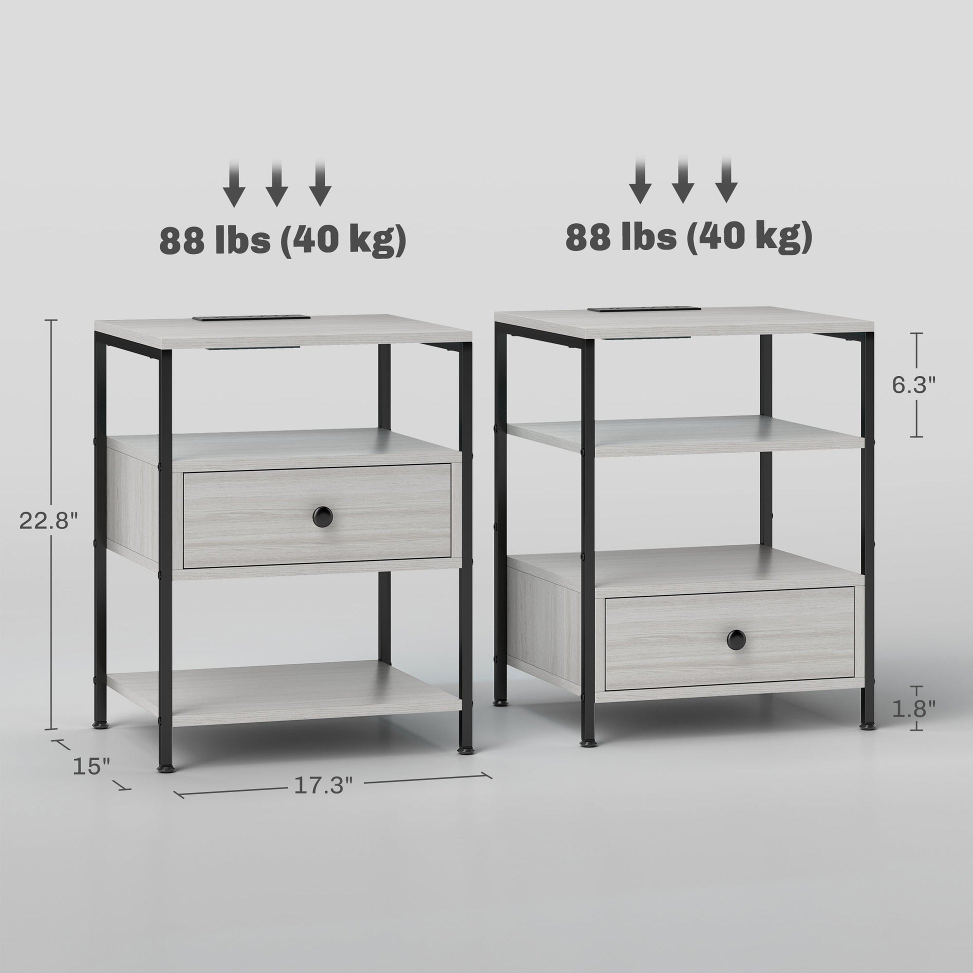Two gray wood nightstands with black metal frames each holding  lbs
