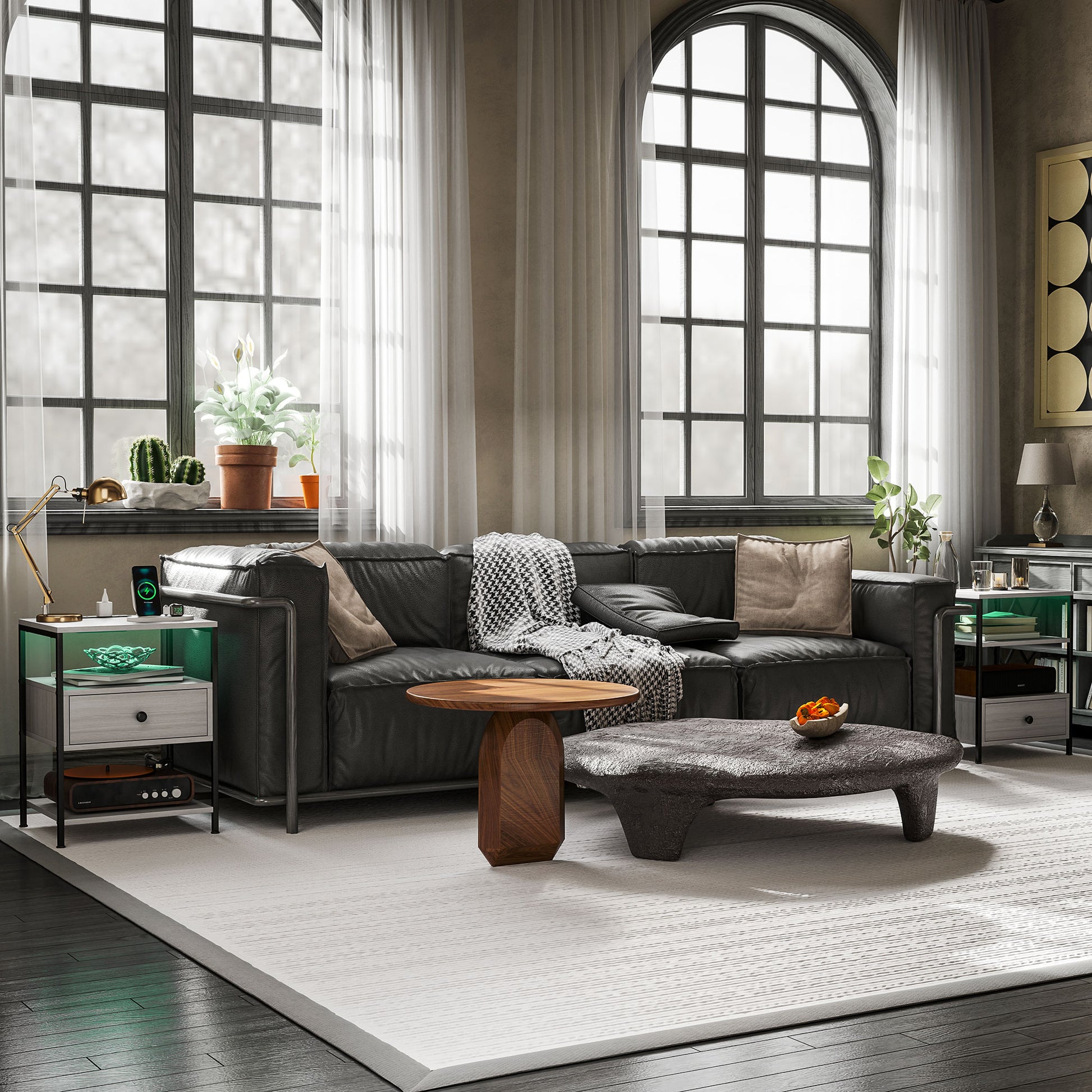 Black leather sectional sofa with houndstooth throw and beige pillows