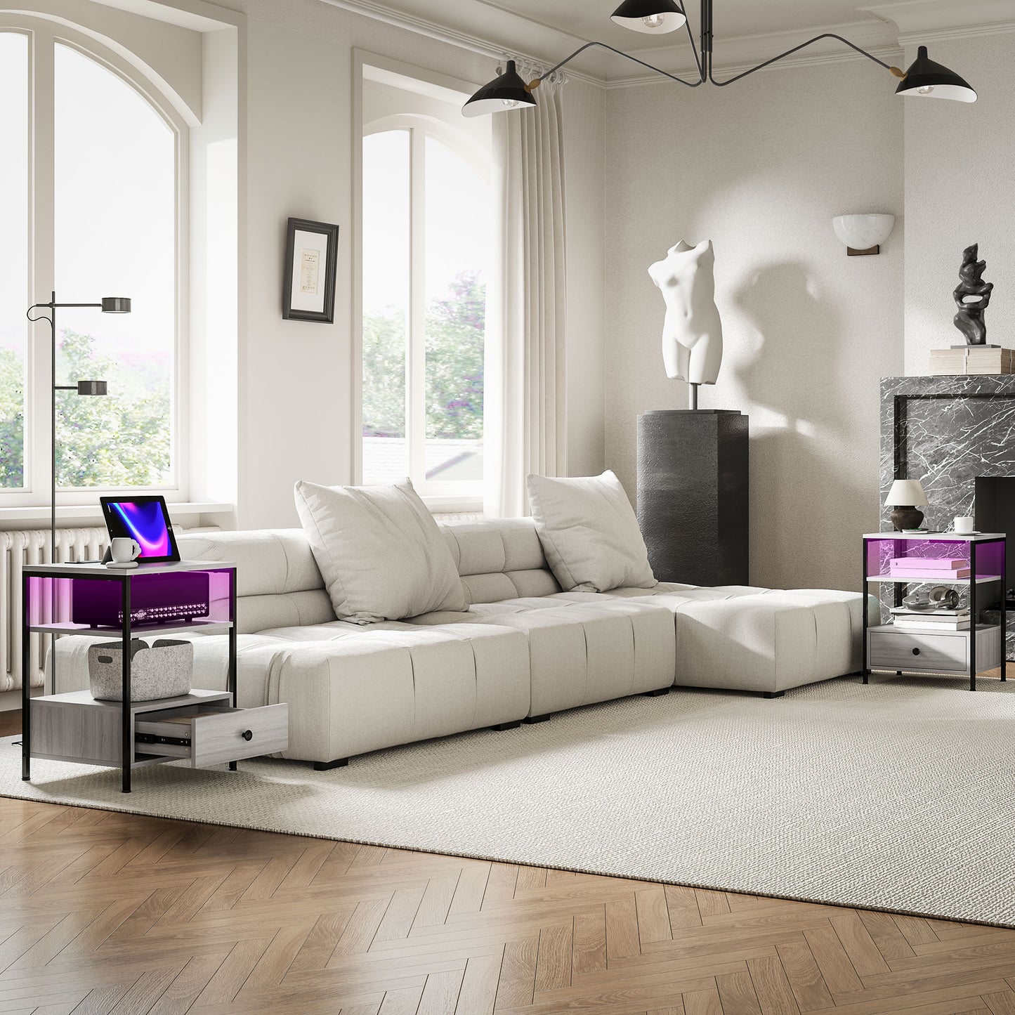 Cream sectional sofa with tufted cushions and throw pillows in a modern living room