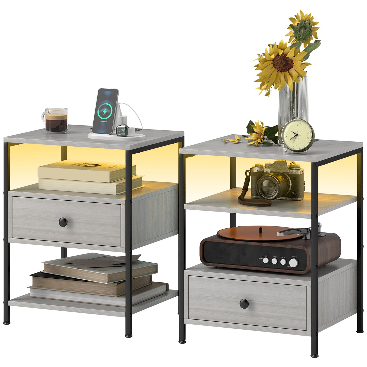 Modern gray wood bedside table with wireless charging phone watch and coffee cup