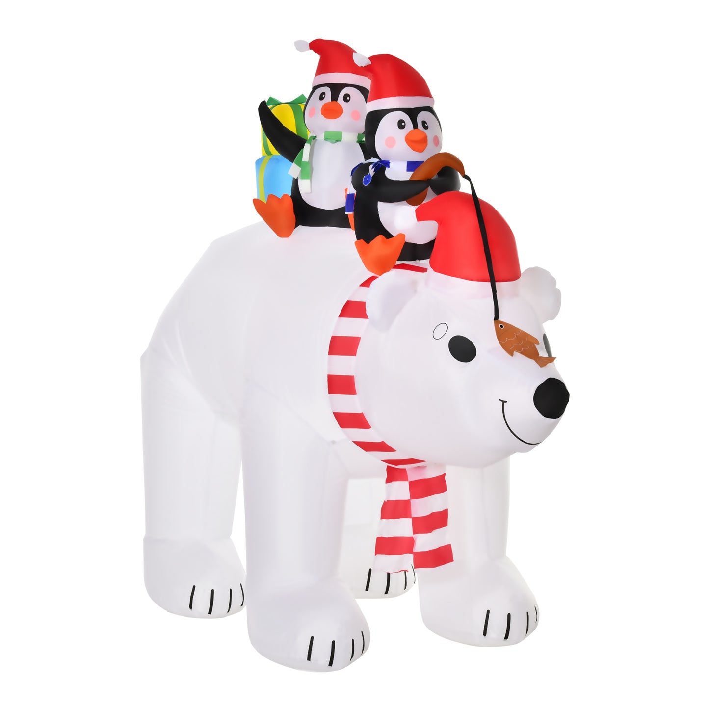 White inflatable polar bear with two penguins riding on its back wearing festive hats