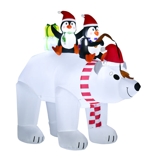 Inflatable polar bear with two penguins wearing Santa hats carrying gifts for holiday display