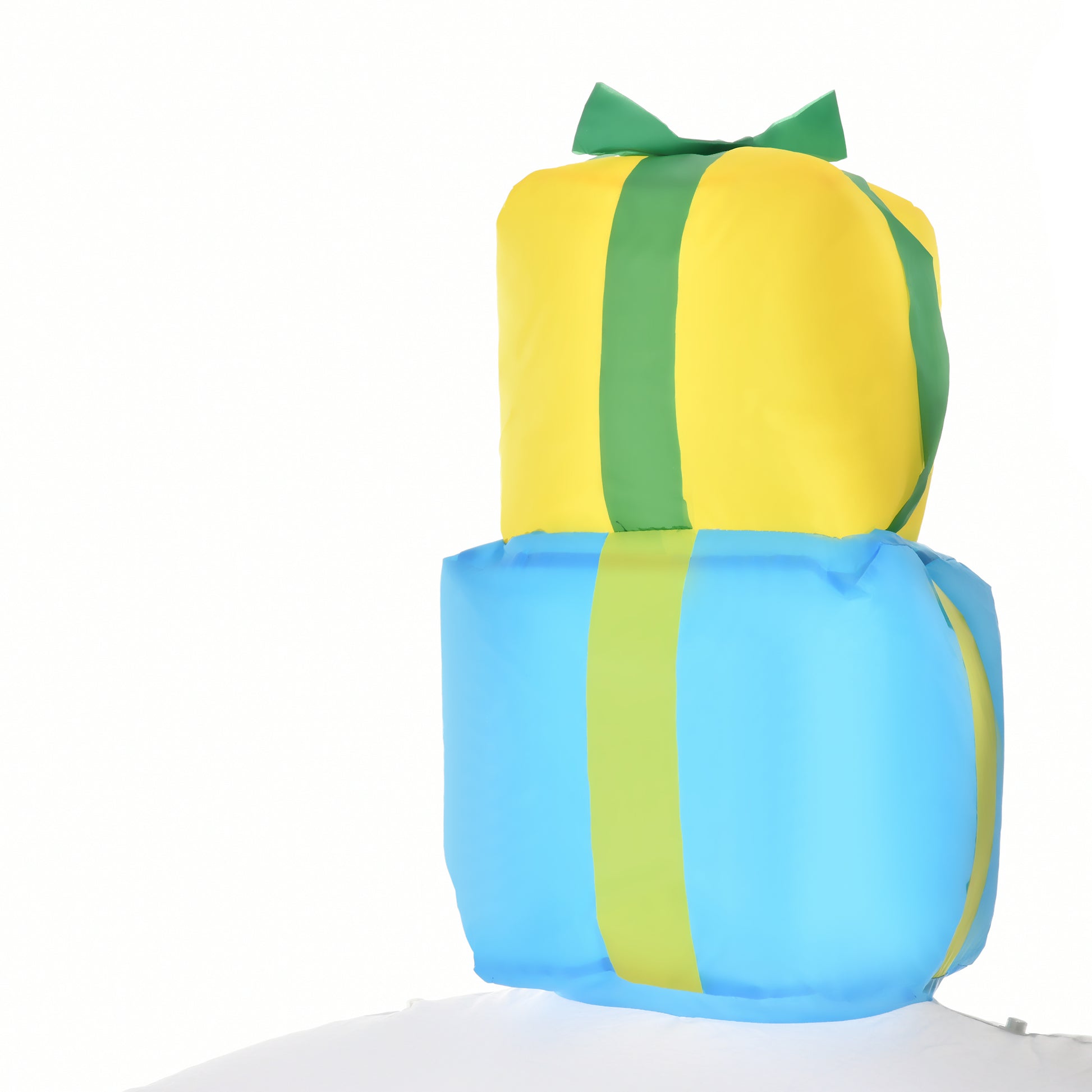 Inflatable stacked gift boxes yellow and blue with green ribbon detail festive outdoor decor