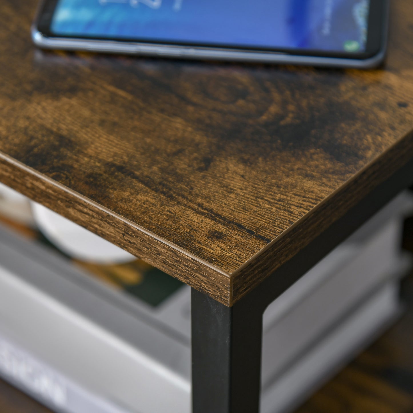 Rustic oak effect side table with black metal legs ideal for living rooms