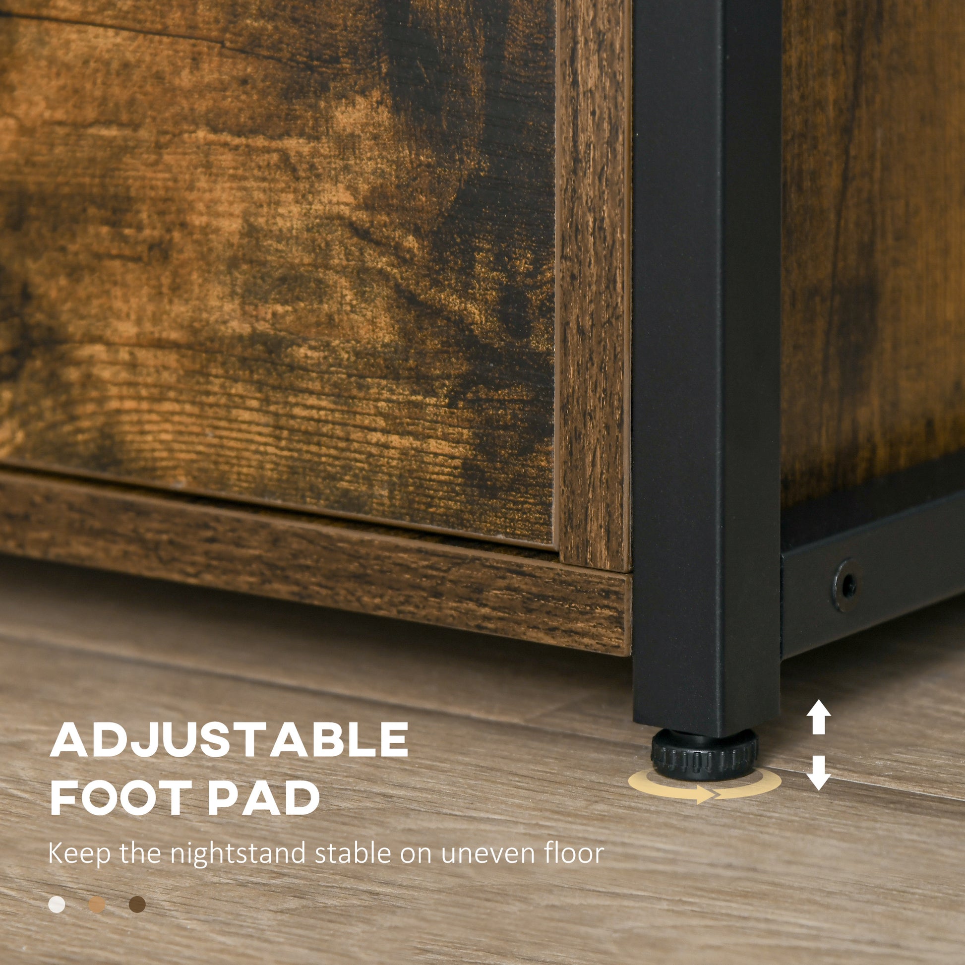 Rustic brown woodgrain nightstand with black metal frame and adjustable foot pad