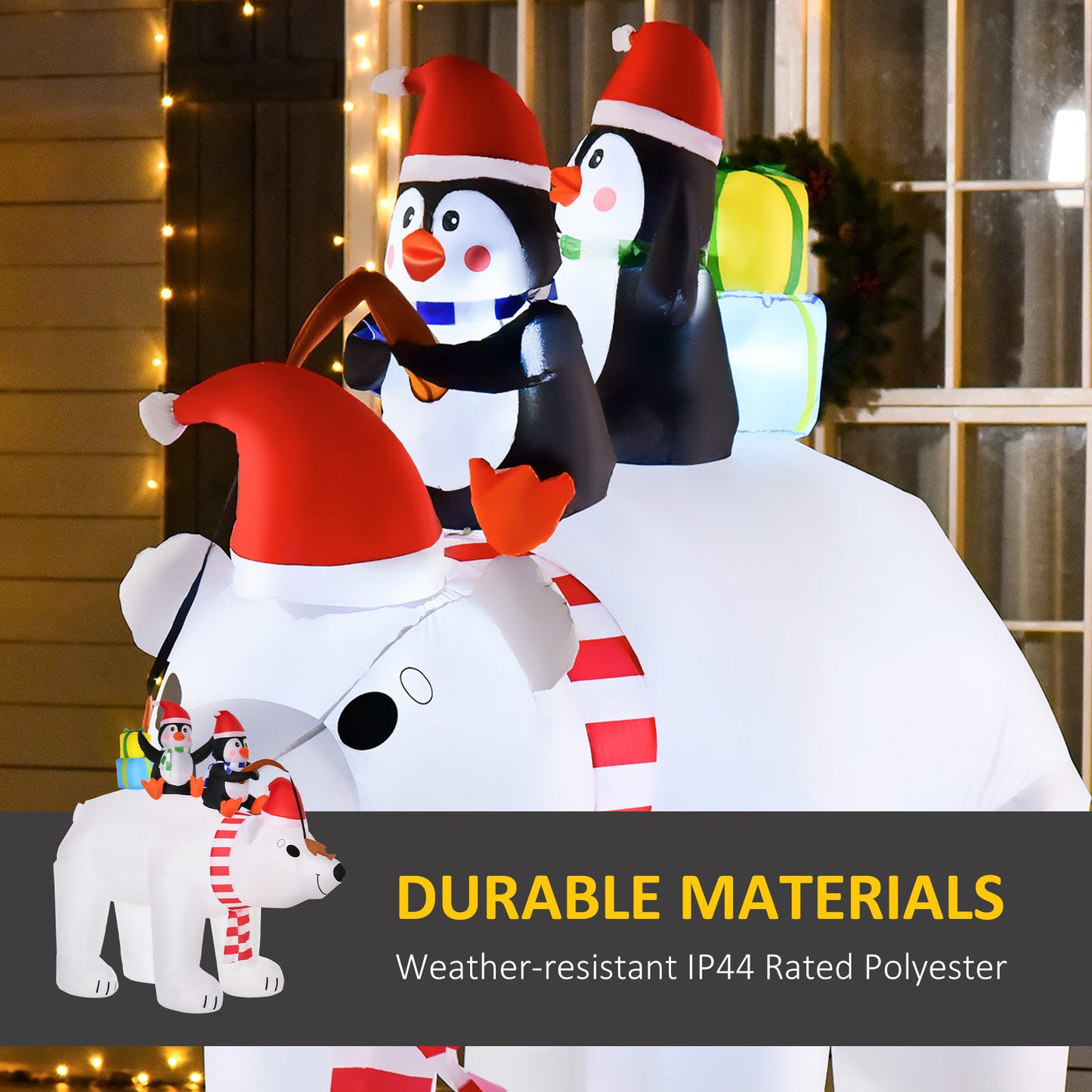 Inflatable Christmas polar bear with penguins wearing Santa hats perfect for outdoor holiday decor