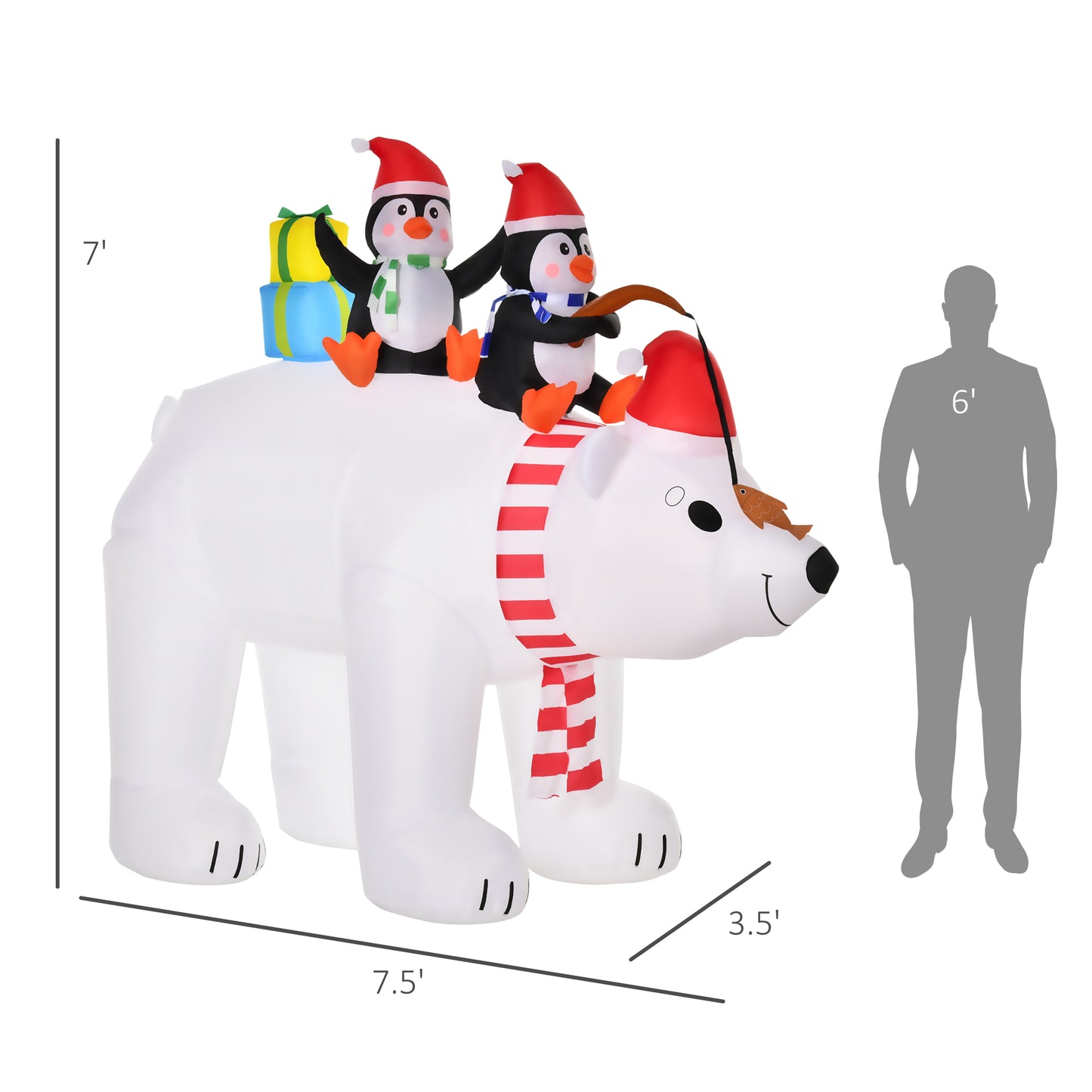 Large inflatable polar bear carrying two festive penguins with gifts for holiday decoration