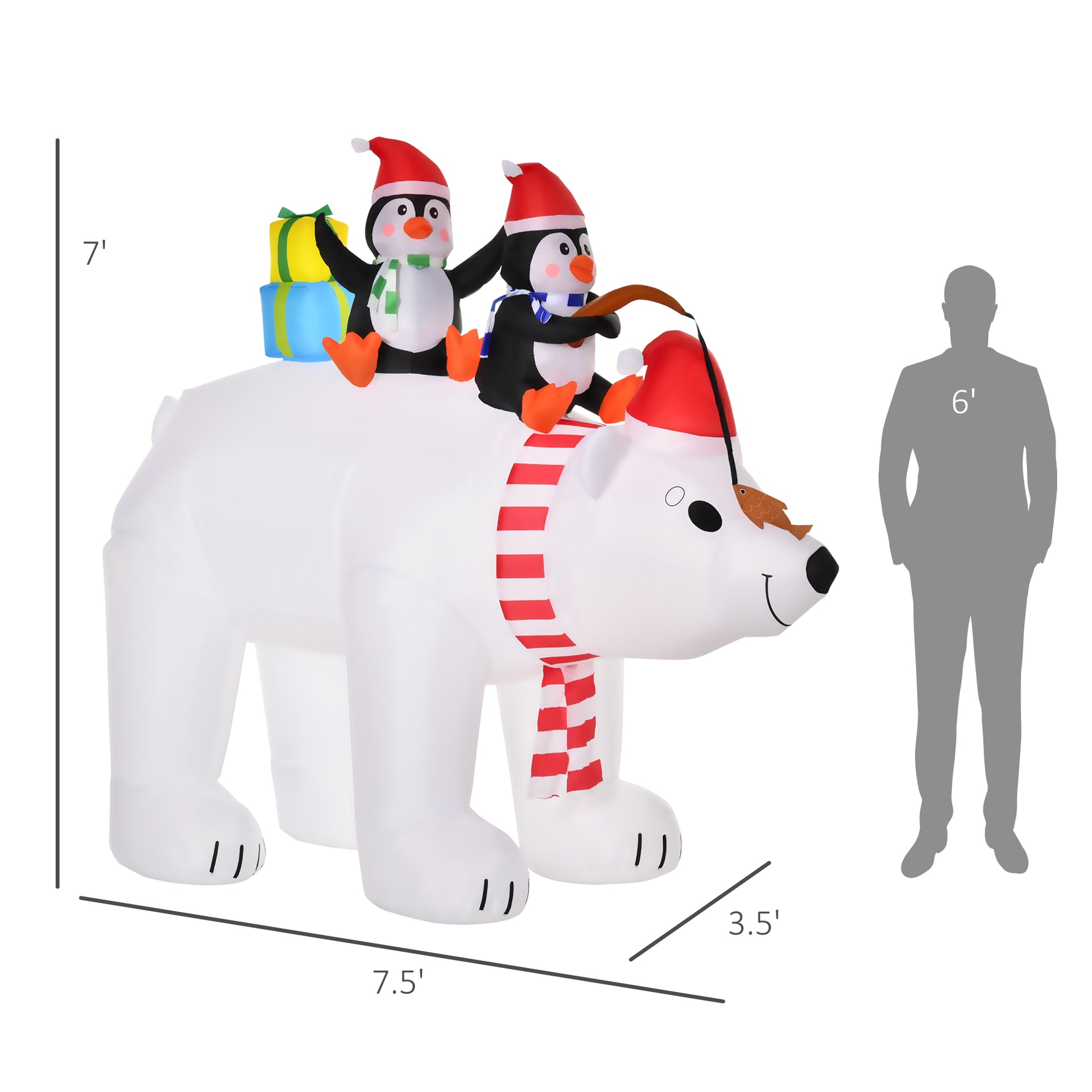 Large inflatable polar bear carrying two festive penguins with gifts for holiday decoration