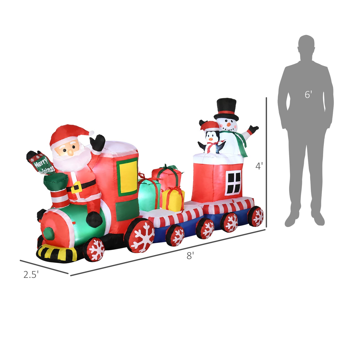 Inflatable Christmas train with Santa snowman and penguin featuring festive gifts
