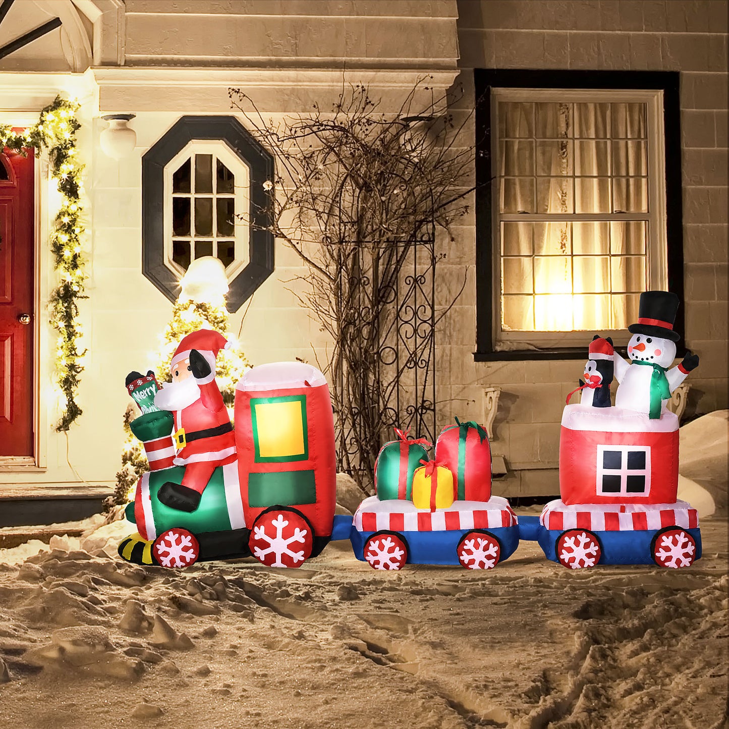 Inflatable Santa train with gifts and snowman for outdoor holiday decor