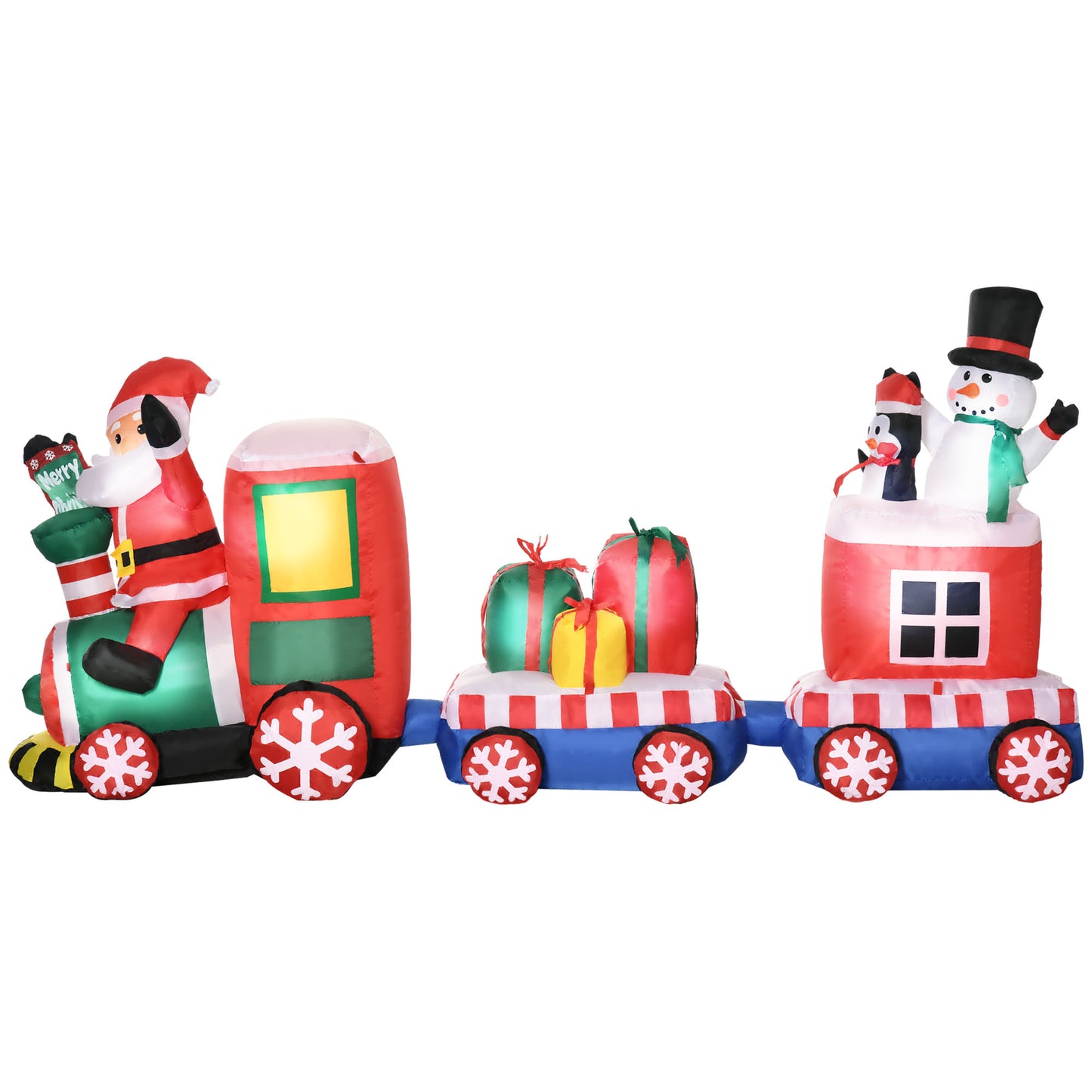 Inflatable Christmas train featuring Santa presents and a snowman perfect for festive outdoor decor
