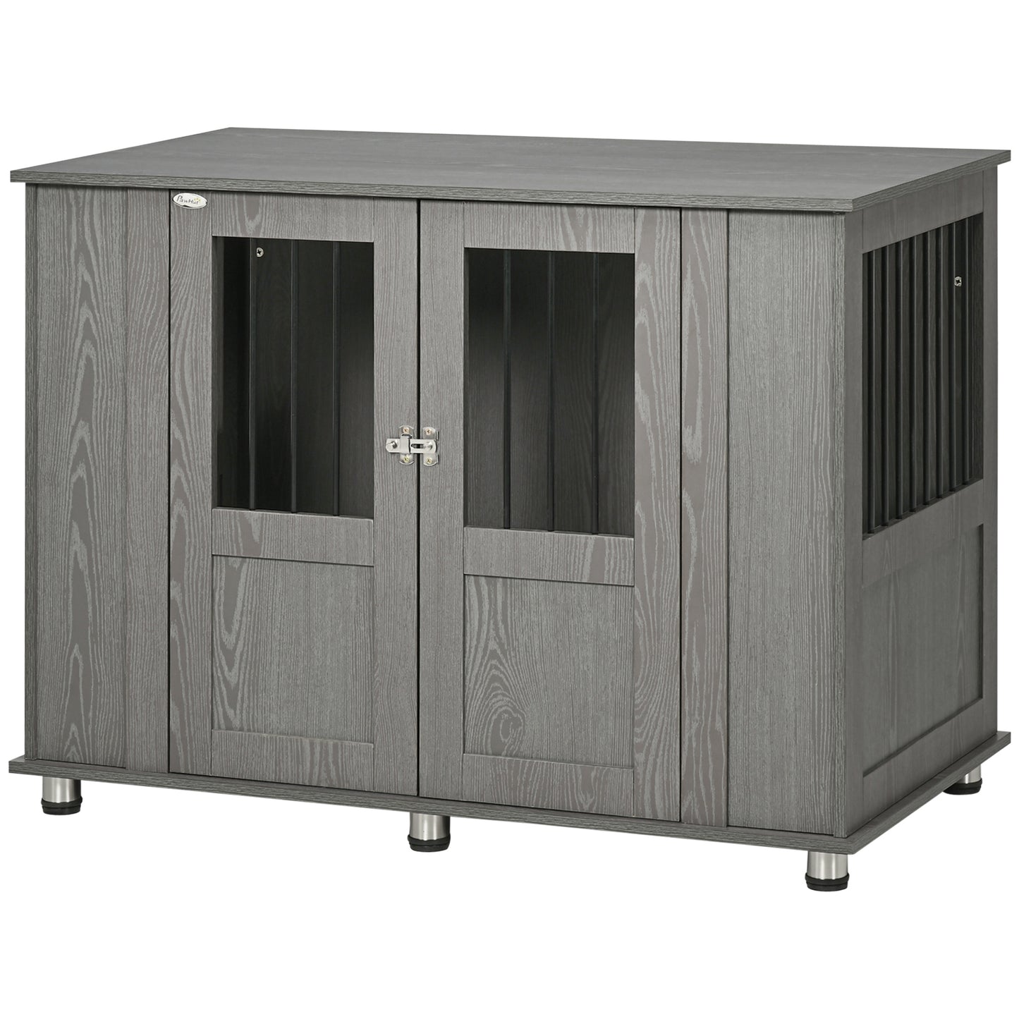 Grey wood grain dog crate with double doors and clear window panels for visibility