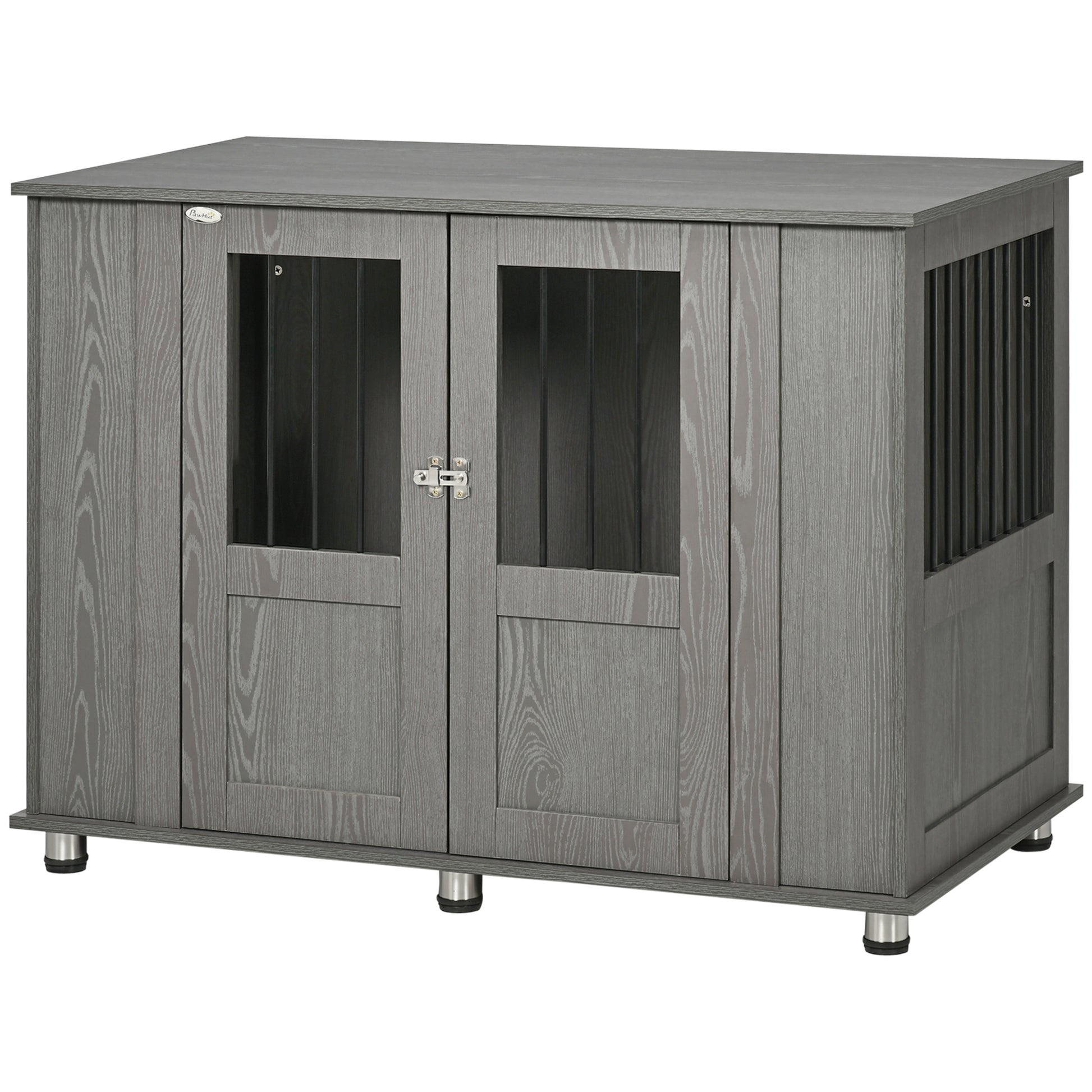 Grey wood grain dog crate with double doors and clear window panels for visibility