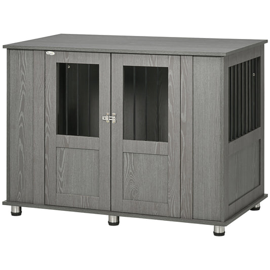 Grey wood grain dog crate with double doors and clear window panels for visibility
