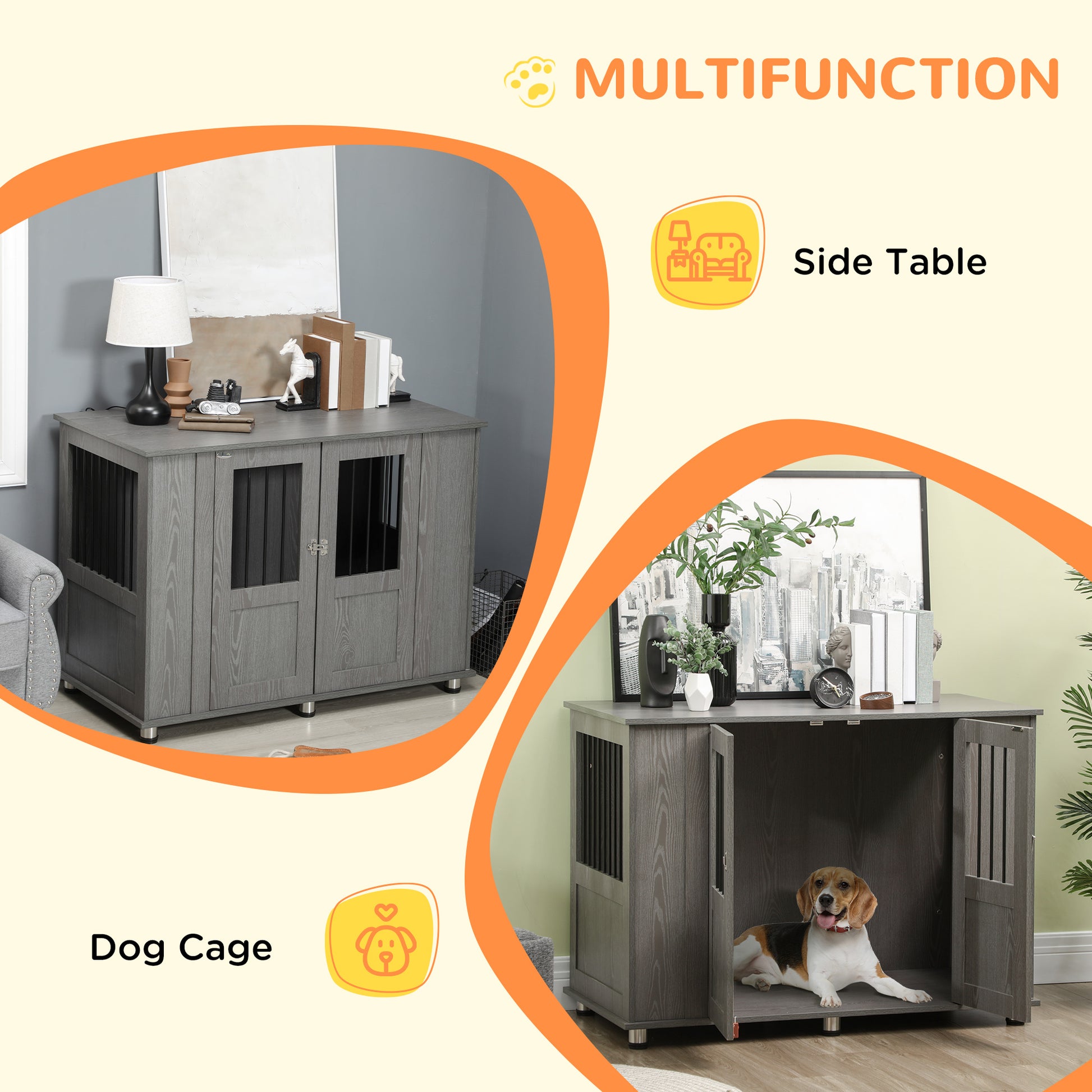 Gray wooden dog cage with double doors and side table functionality