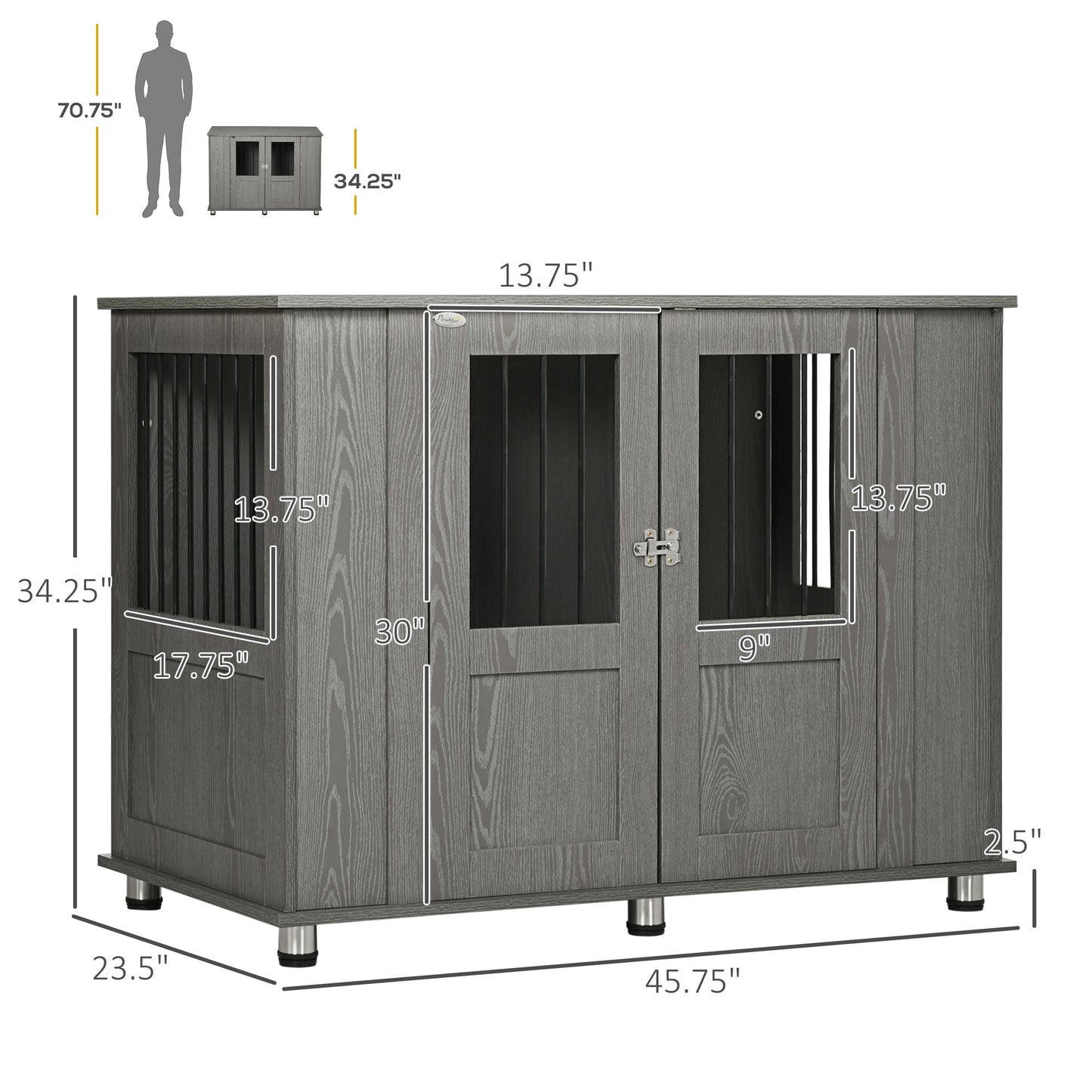 Gray wooden dog crate with metal legs and two paneled doors with glass windows