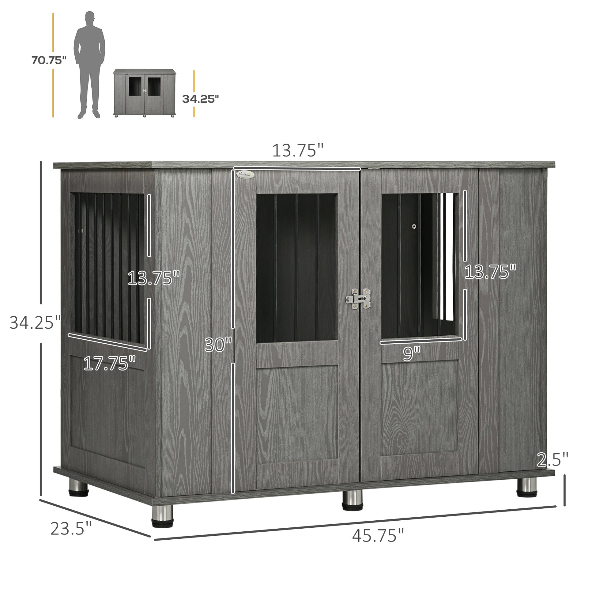 Gray wooden dog crate with metal legs and two paneled doors with glass windows