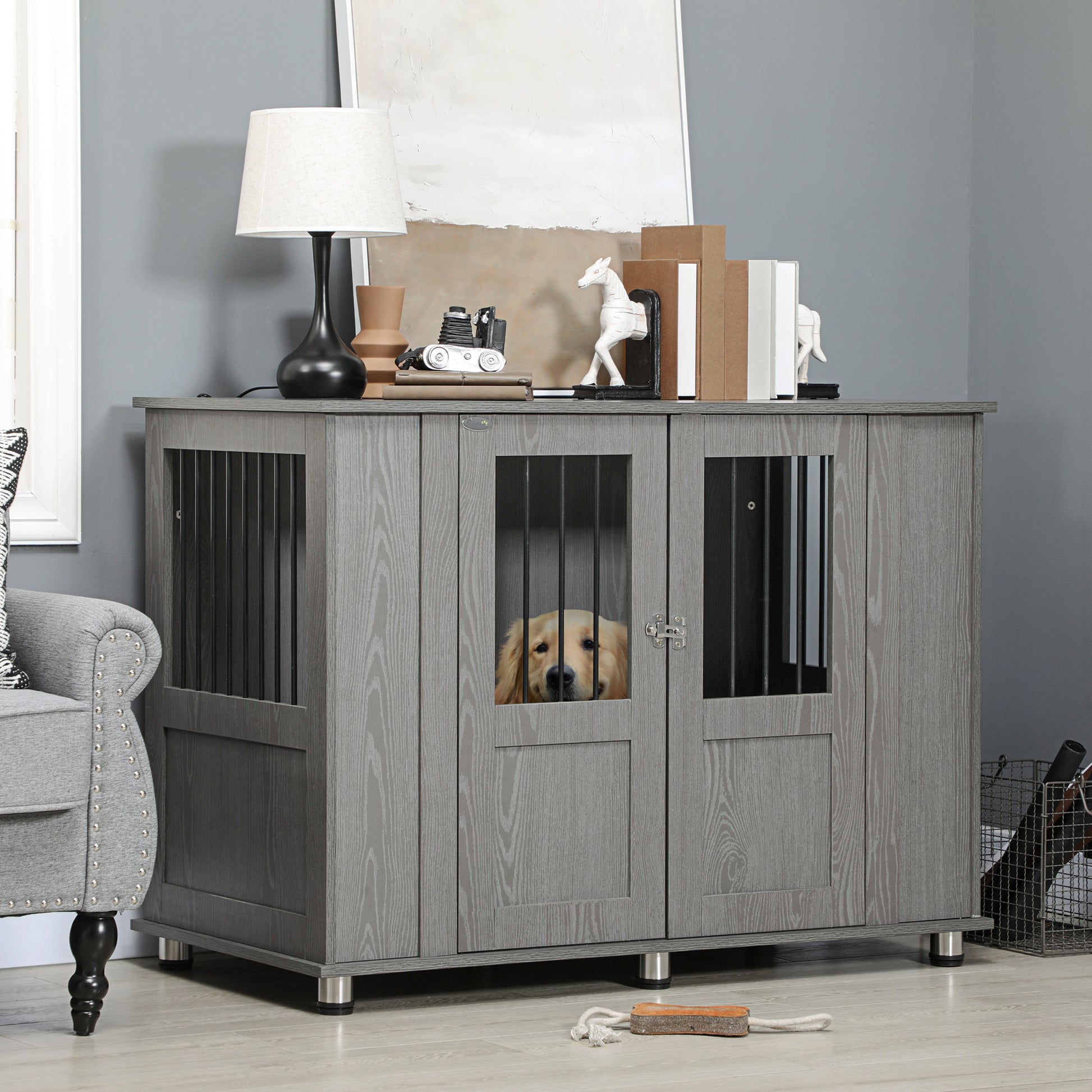 Gray wood grain dog crate furniture with a golden retriever peeking through the door window