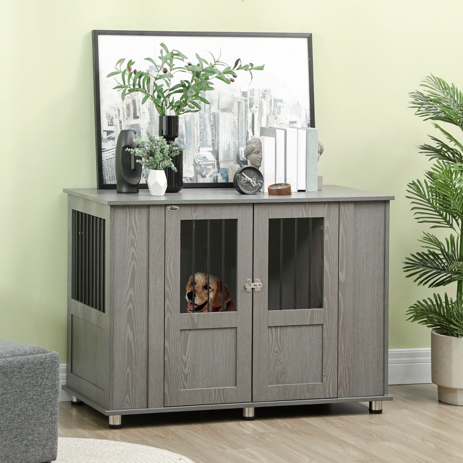 Grey wooden dog crate furniture with glass doors golden retriever peeking out
