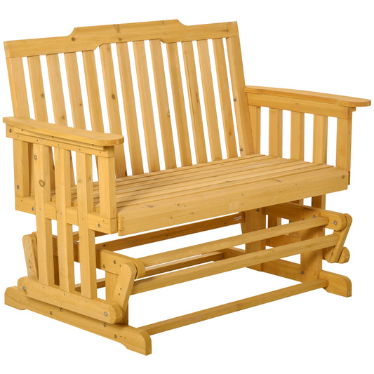 Natural wood twoseater glider bench with slatted back and seat for outdoor patios