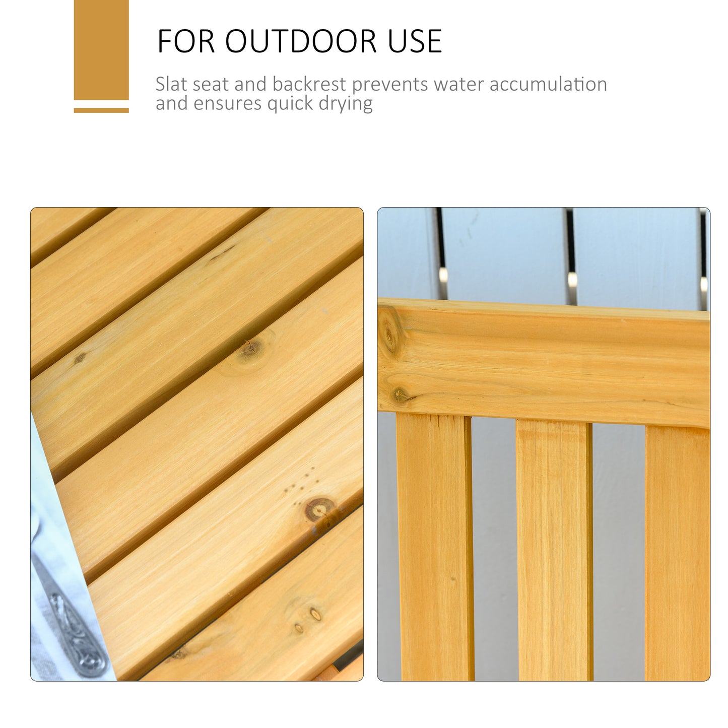 Natural wood slat seat detail on outdoor furniture highlighting texture