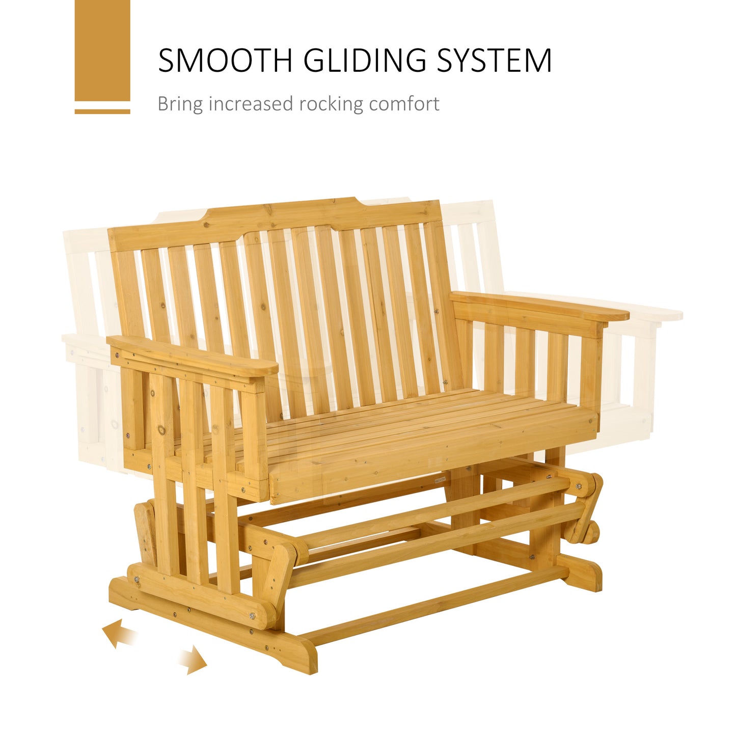 Natural wood outdoor glider bench with smooth rocking motion for backyard relaxation