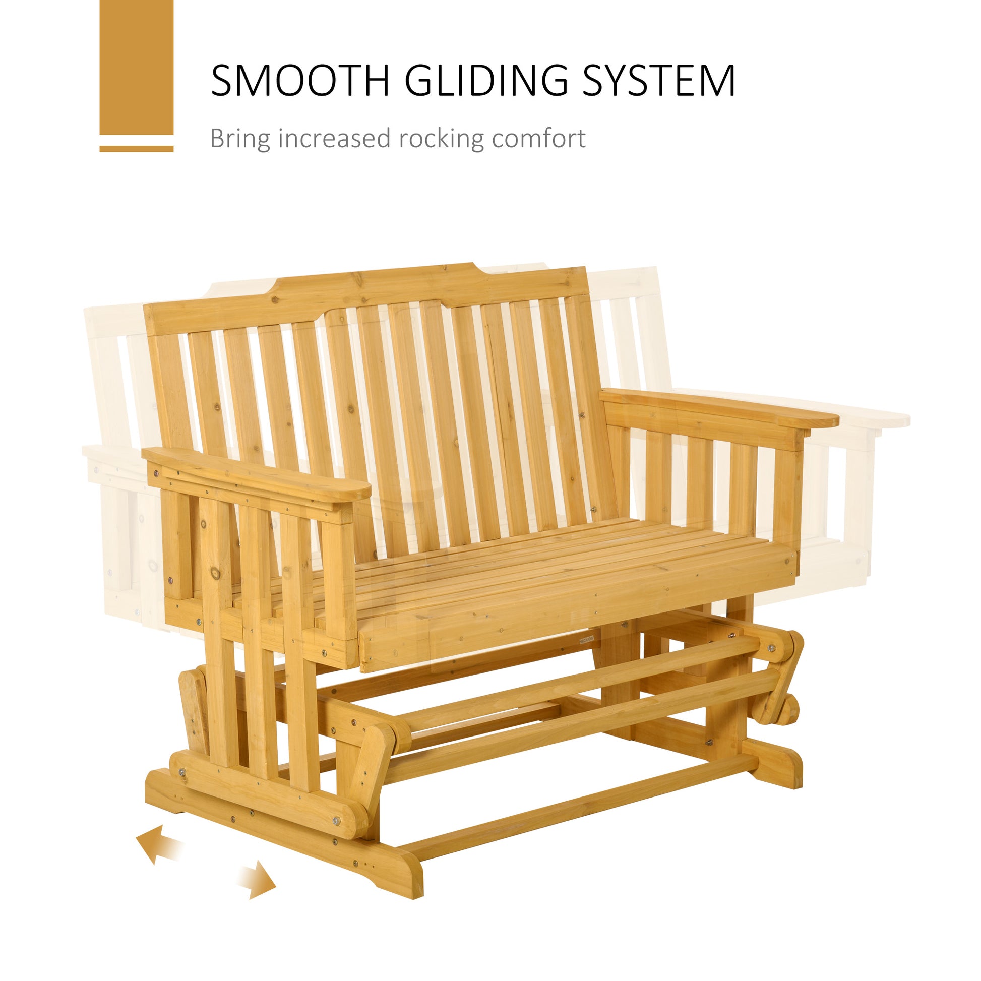 Natural wood outdoor glider bench with smooth rocking motion for backyard relaxation