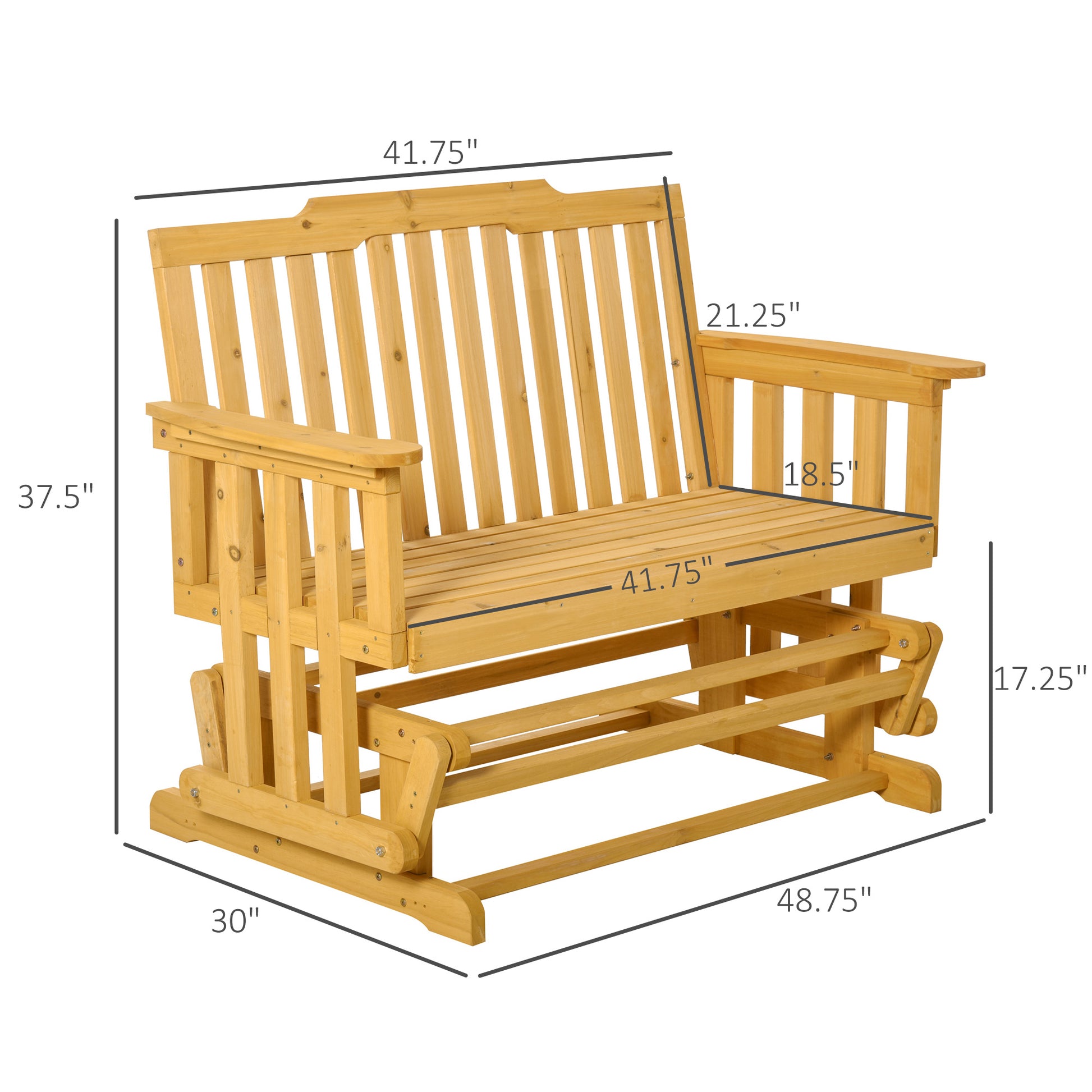 Natural wood glider bench with slatted seat and back for outdoor seating