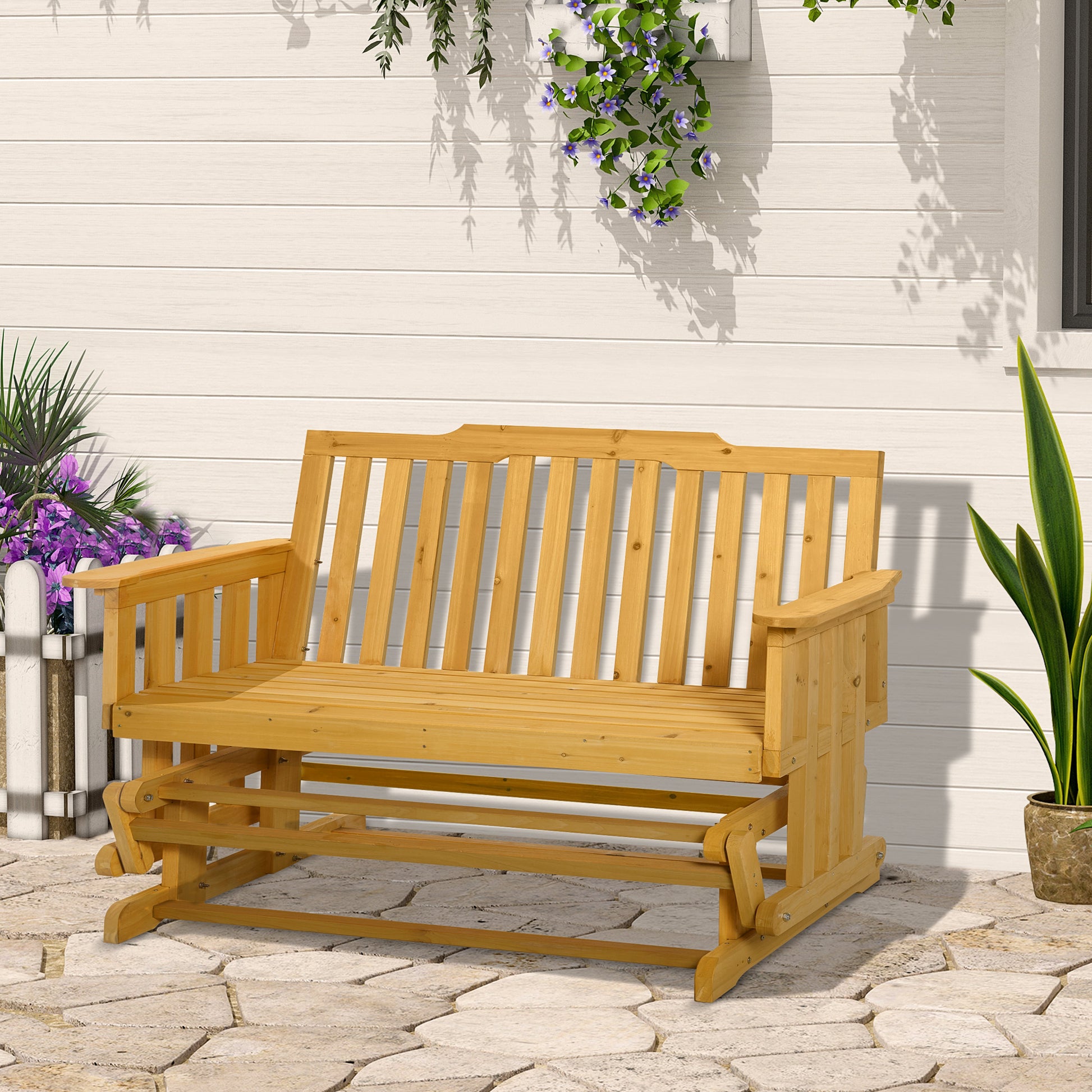 Natural wood outdoor glider bench with slatted seat and backrest