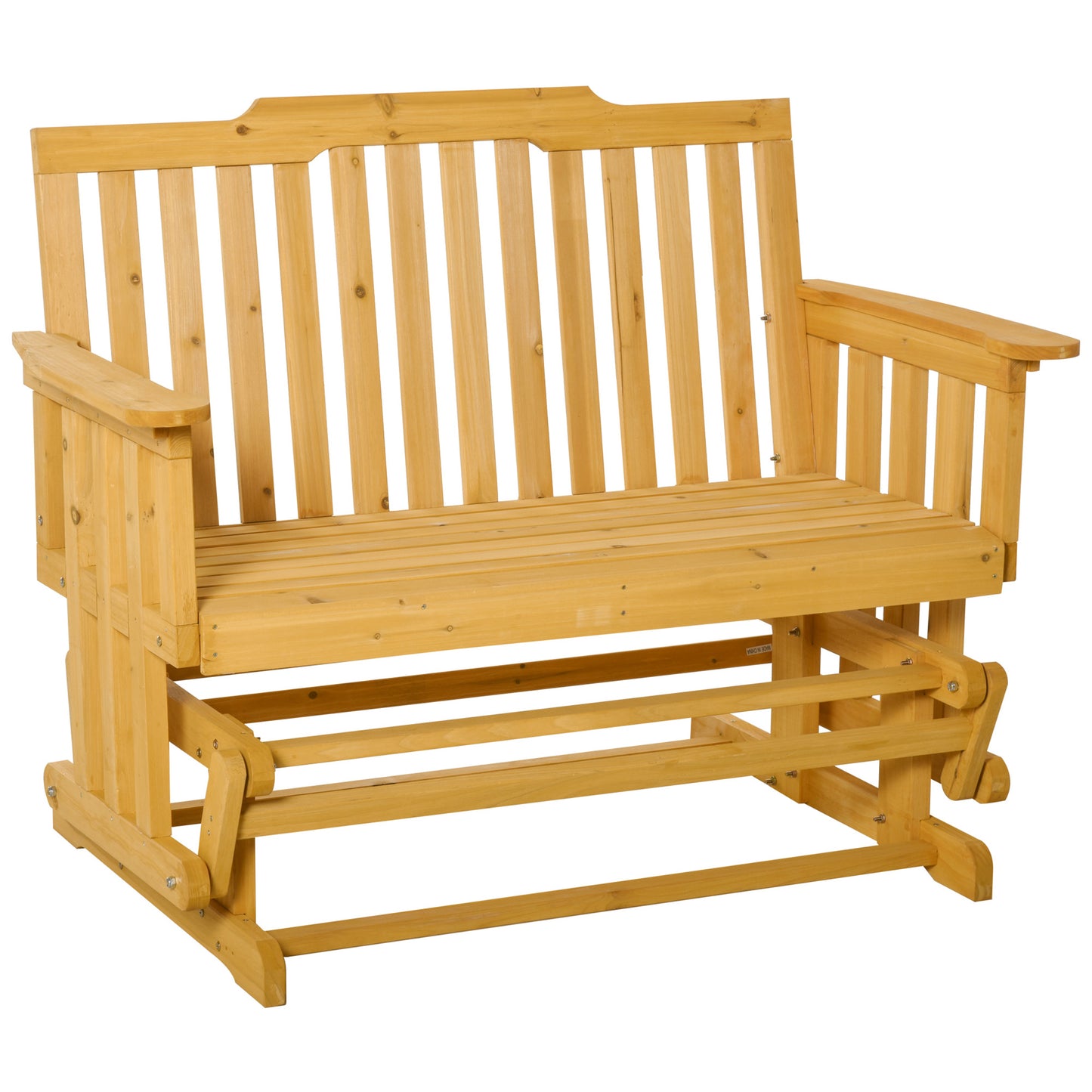 Natural wood twoseater glider bench with slatted seat and backrest for outdoor relaxation