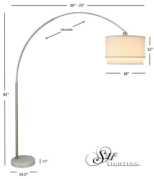 Adjustable brushed nickel arc floor lamp with double white linen shade  inches tall